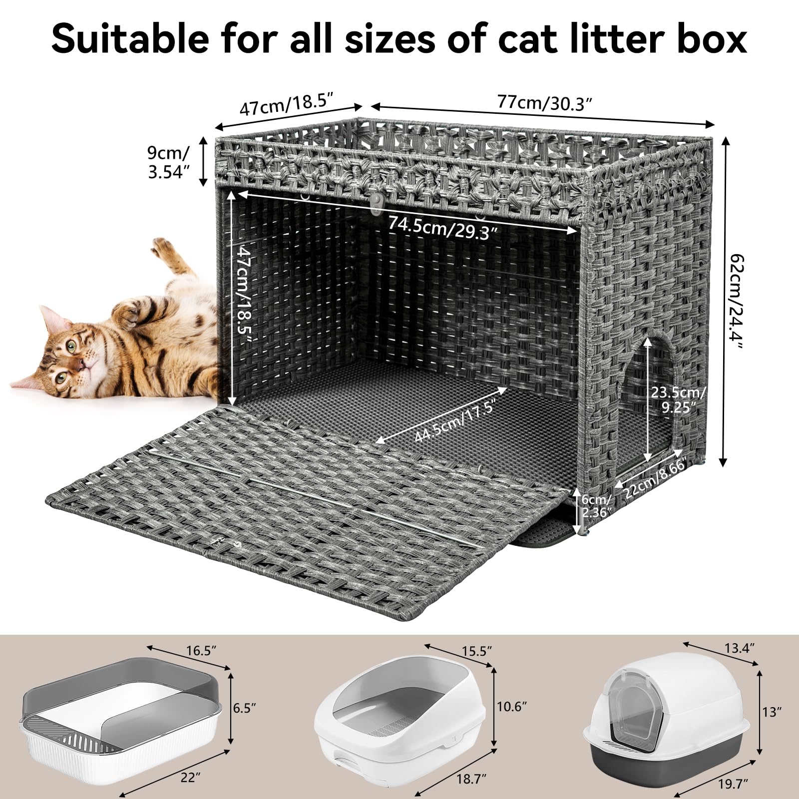 Hidden Cat Litter Box Enclosure Furniture - Large Rattan Pet House with Door for Indoor Cats | Handwoven Washroom Box with Soft Litter Mat | Grey Modern Cat Furniture for Home Decor & Odor Control
