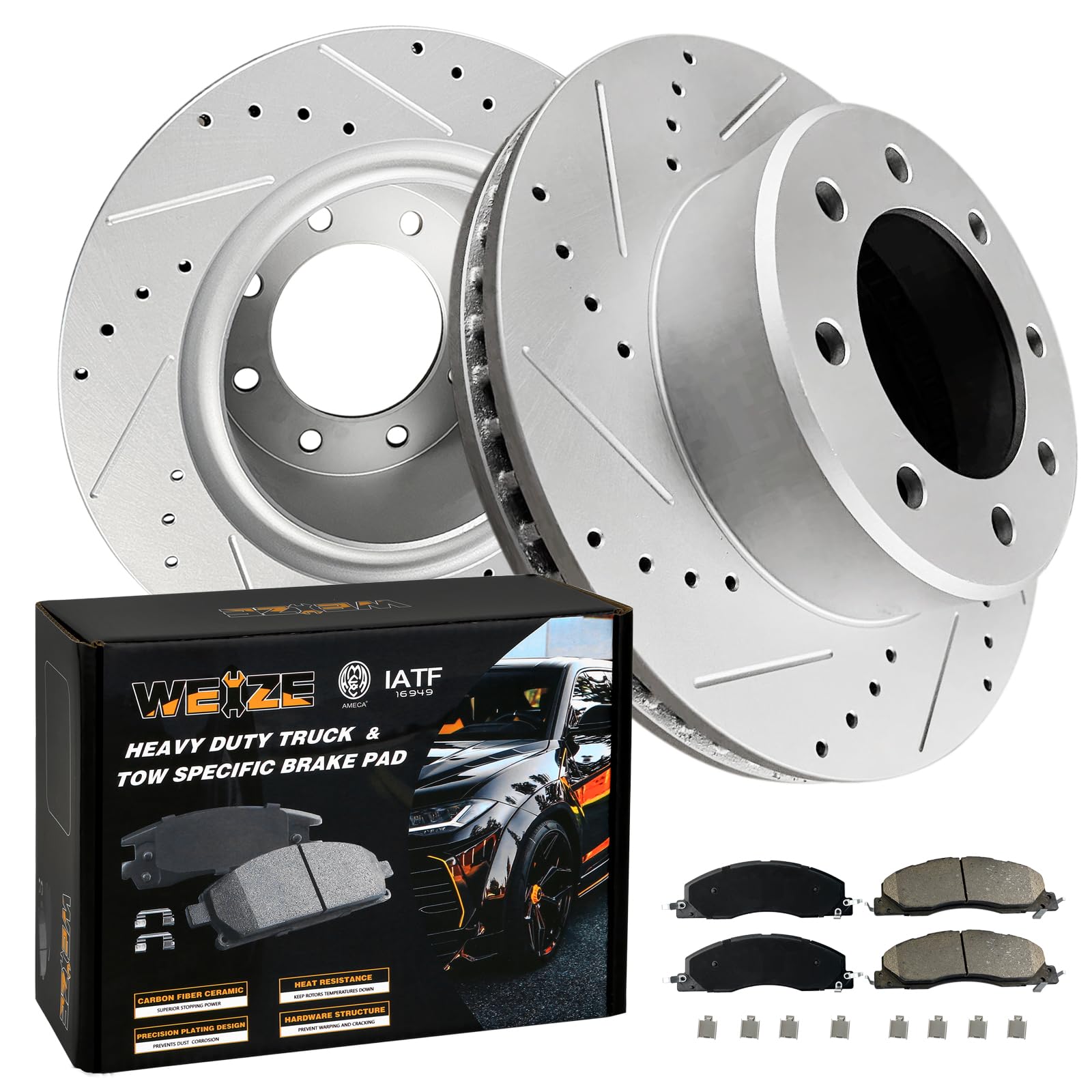 WEIZE Front Truck & Tow Brake Kit with Drilled/Slotted Rotors & Carbon Fiber Ceramic Pads - Compatible with Dodge Ram 2500/3500 (2009-2018) | Heavy Duty Towing & Off-Road Performance Upgrade