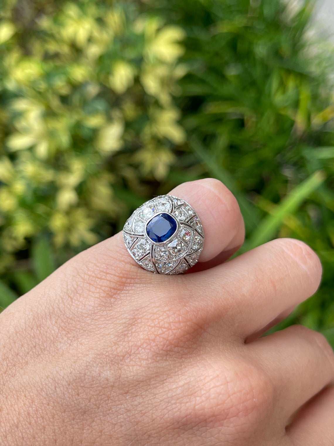 4.60tcw 18K Gold Vintage Cushion Cut Sapphire & OEC Diamond Engagement Ring - 1920s Art Deco Style for Weddings, Anniversaries & Special Occasions