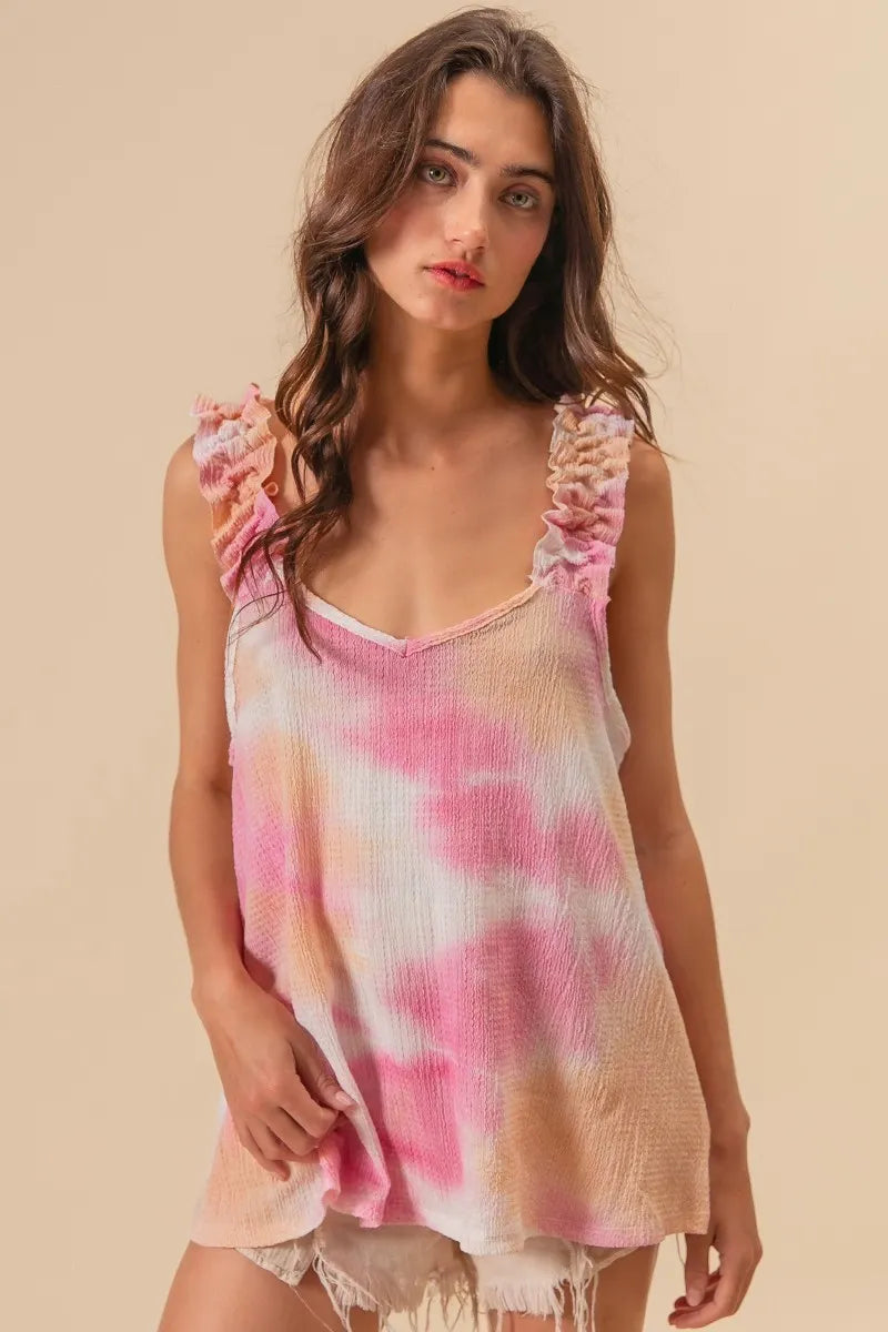 BiBi Tie Dye Printed Textured Woven Ruffled Blouse - Stylish Boho Chic Top for Women, Perfect for Summer Festivals, Beach Vacations & Casual Outings