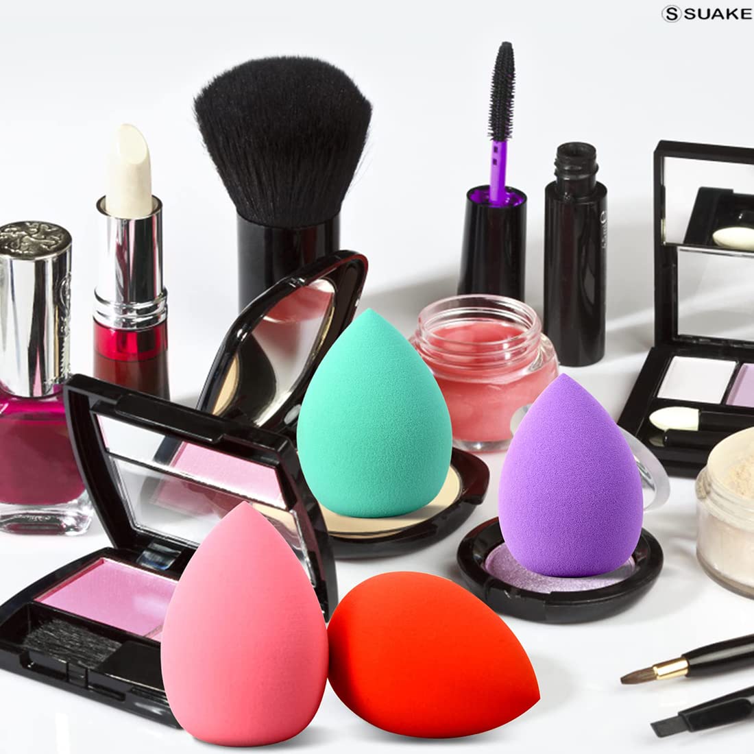 SUAKE Professional Makeup Beauty Blender Sponge - Latex-Free, Soft & Reusable Face Sponge Puff for Foundation, Concealer & Powder | 4-Pack Single Color | Perfect for Daily Makeup, Travel & Professional Use