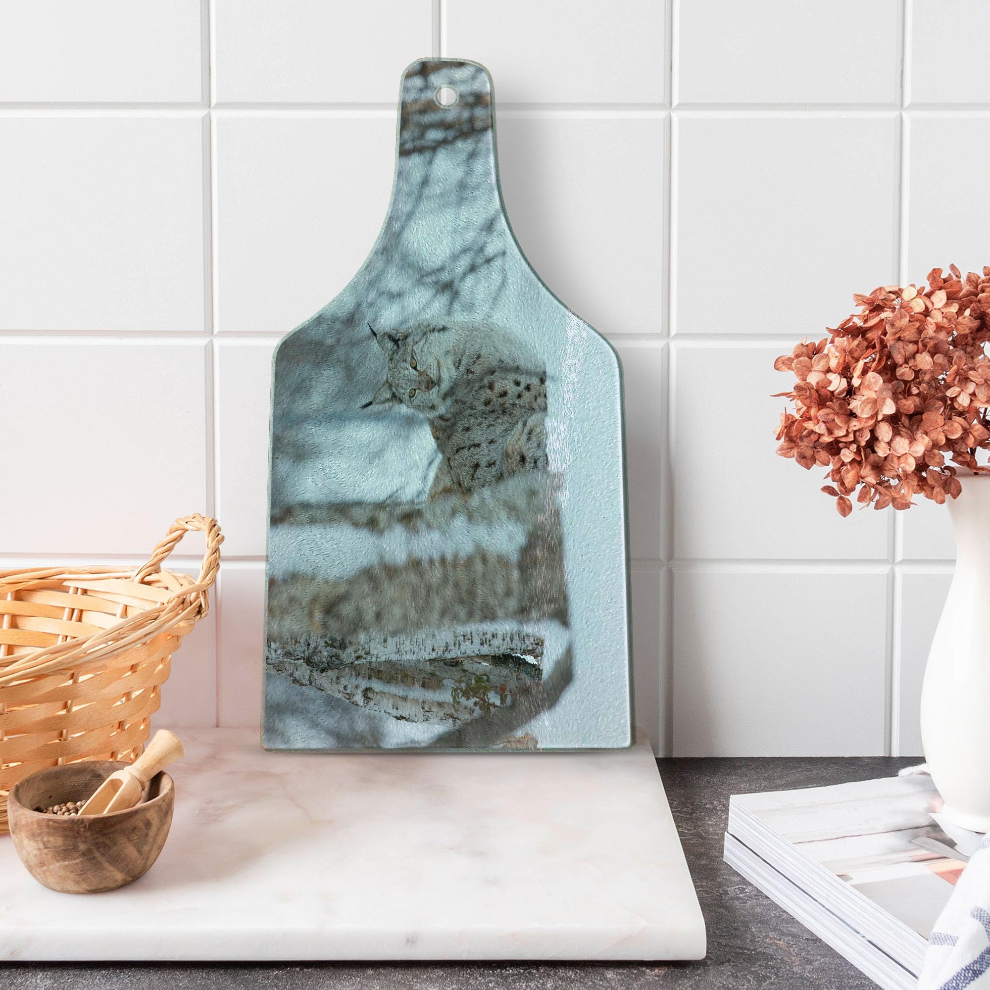 Ambesonne Lynx Glass Cutting Board - Nordic Wildlife Design, Tempered Glass Serving Board for Kitchen, Wine Bottle Shape - Perfect for Charcuterie, Cheese & Wine Pairing, Holiday Gifts & Home Decor