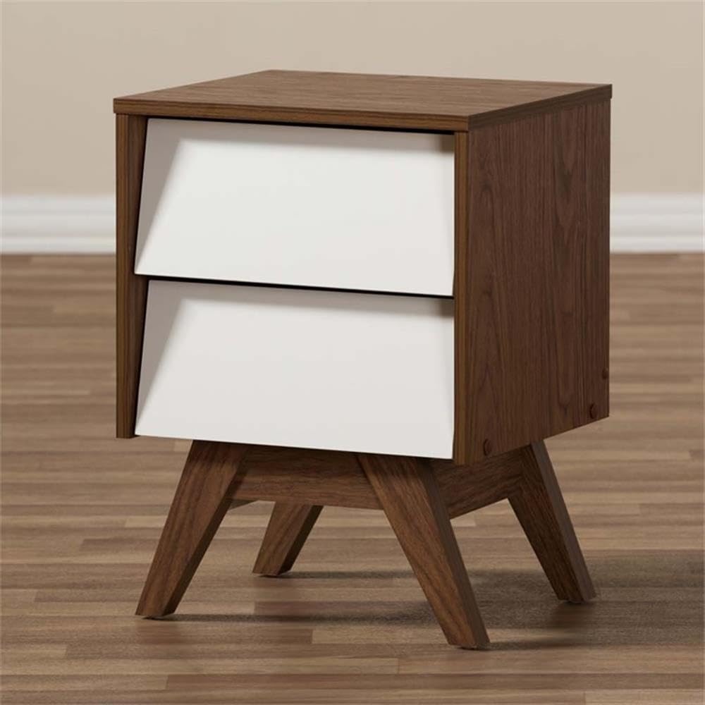 BOWERY HILL Modern 2-Drawer Nightstand - White & Walnut Brown Wood Bedside Table for Bedroom, Living Room, or Office - Compact Storage Solution with Smooth Gliding Drawers