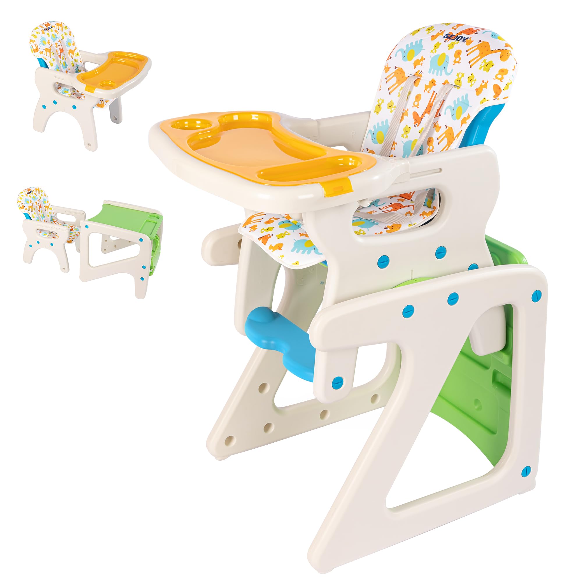 Adjustable Baby High Chair with Detachable Cushion & Double Removable Trays - Safe Toddler Feeding Seat for Infants 6-36 Months - Easy Clean Green Highchair for Home, Restaurant & Daycare Use
