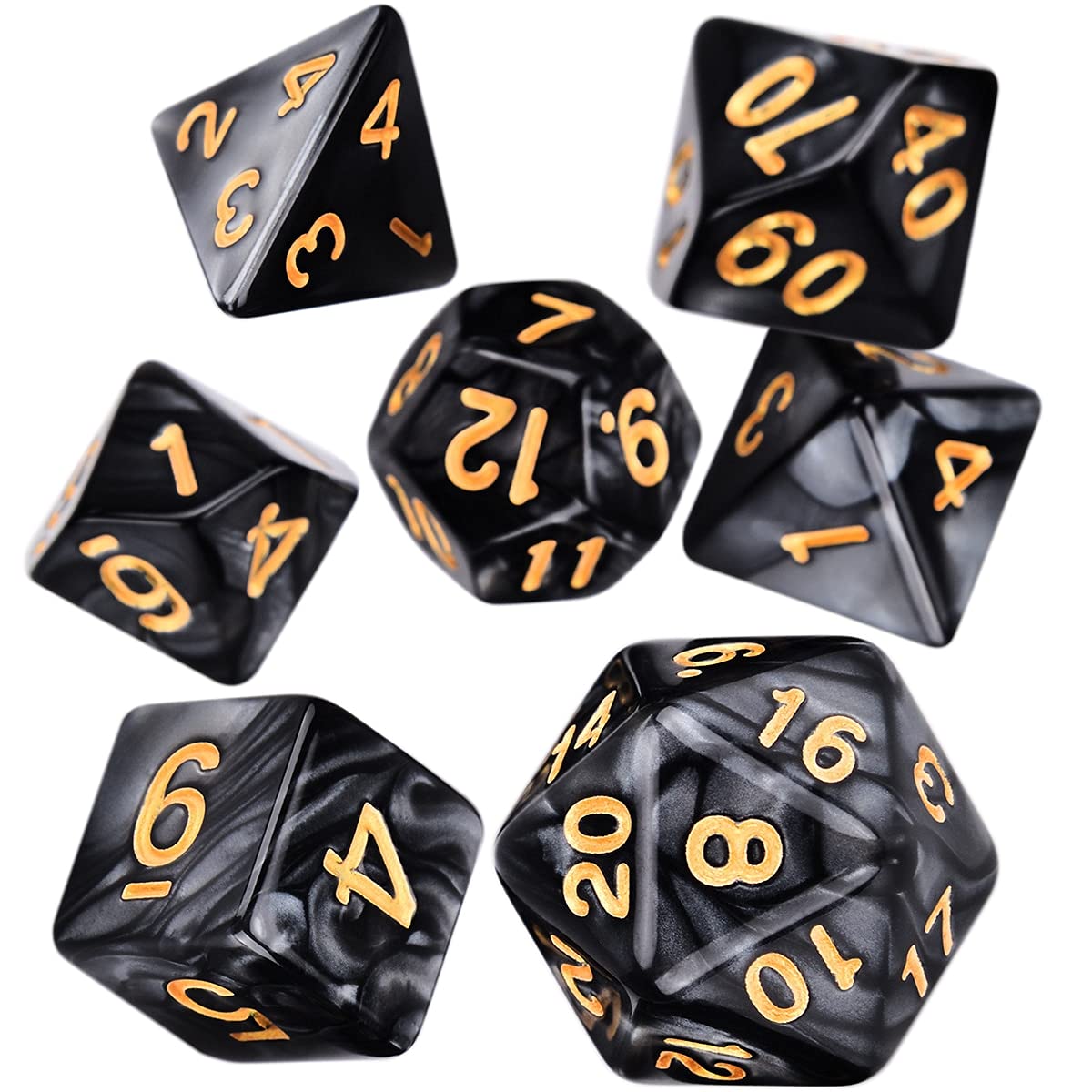 Premium Polyhedral 7-Piece DND Dice Set (D4, D6, D8, D10, D%, D12, D20) - Vibrant Orange Pearl Swirl Design for TRPG, Dungeons & Dragons, Pathfinder RPG Tabletop Games - Perfect Gift for D&D Enthusiasts & Roleplaying Gamers