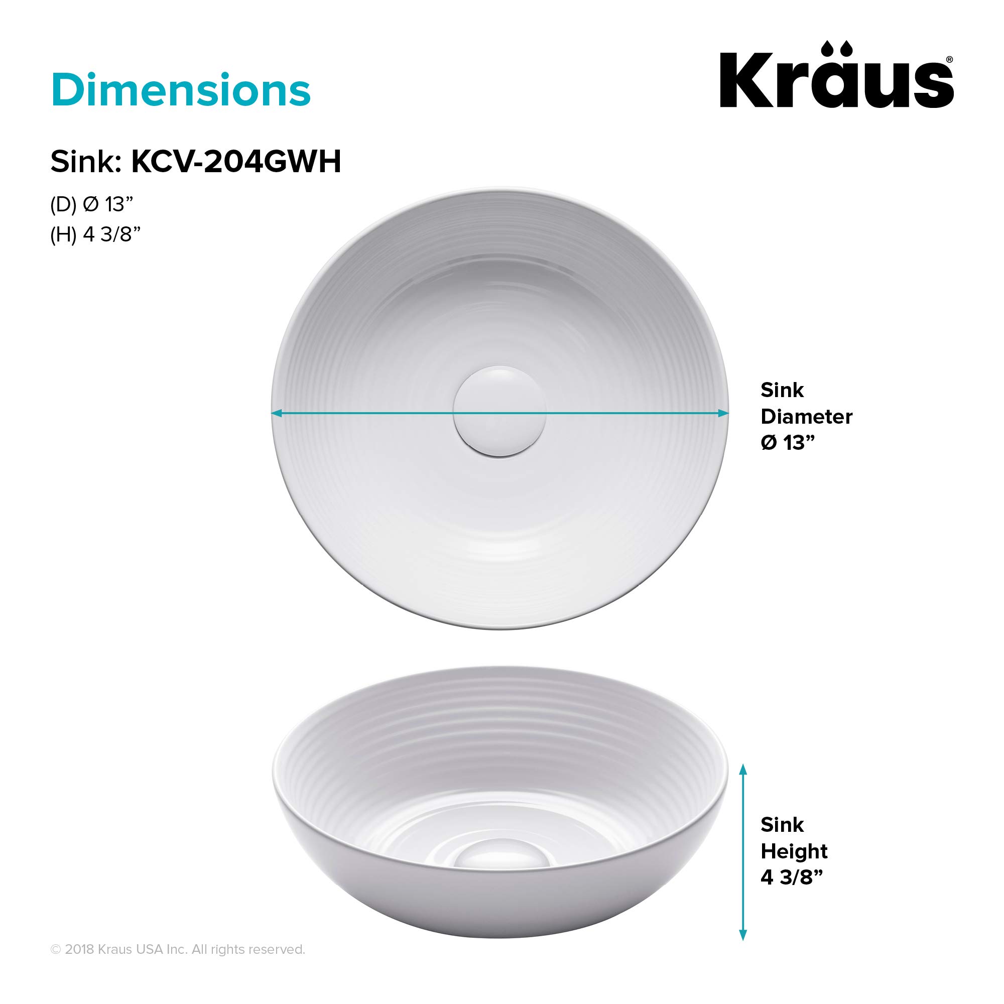 KRAUS Viva™ Round White Porcelain Ceramic Vessel Bathroom Sink - 13 Inch Diameter x 4.38 Inch Height (KCV-204GWH) | Modern Vanity Sink for Bathroom Remodel & Powder Room Upgrade