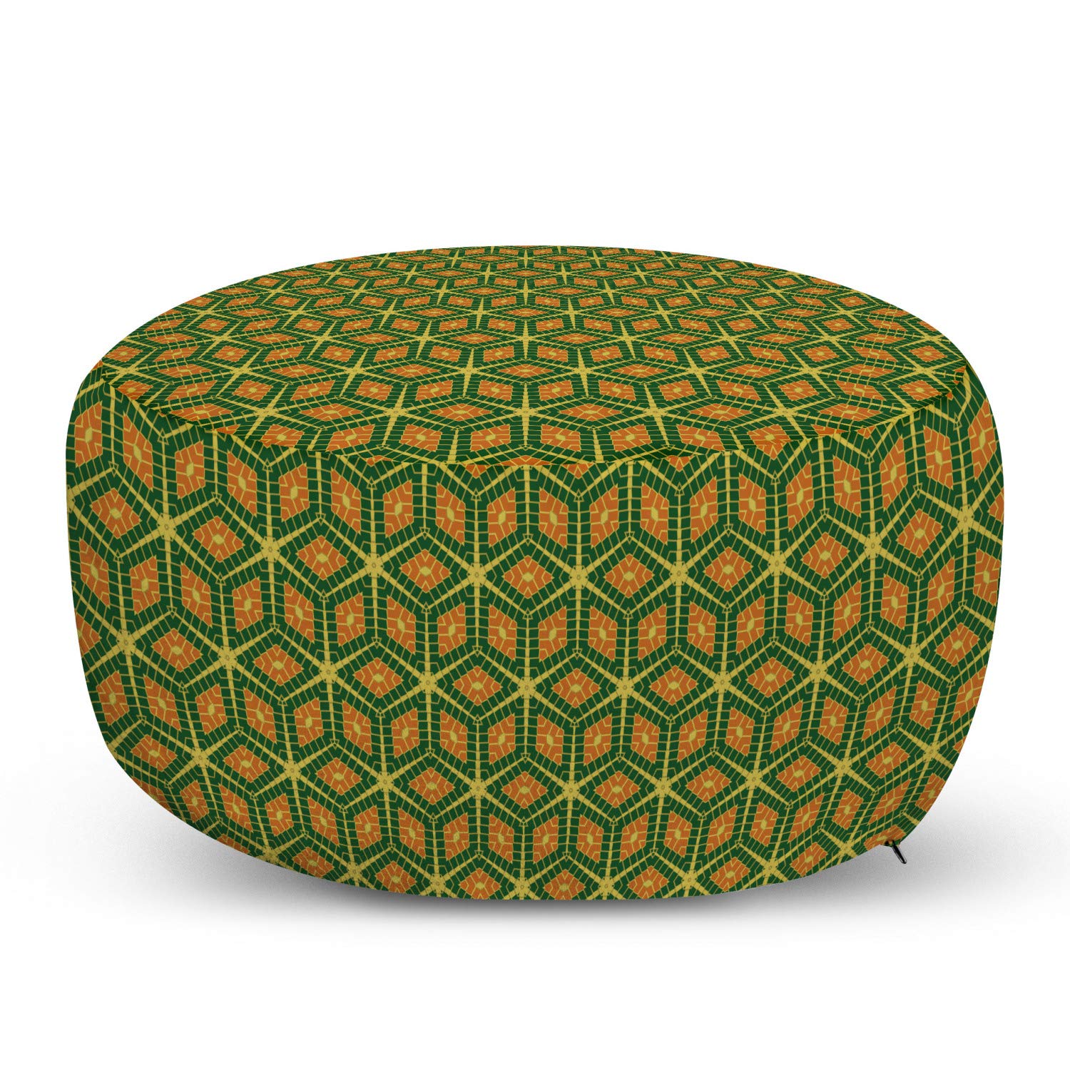 Ambesonne Geometric Ottoman Pouf with Diamond Shaped Tribal Motifs - Soft Foot Rest Stool with Removable Cover for Living Room, Bedroom - Green & Burnt Orange Home Decor Accent | Perfect for Lounging, Reading Nook or Extra Seating