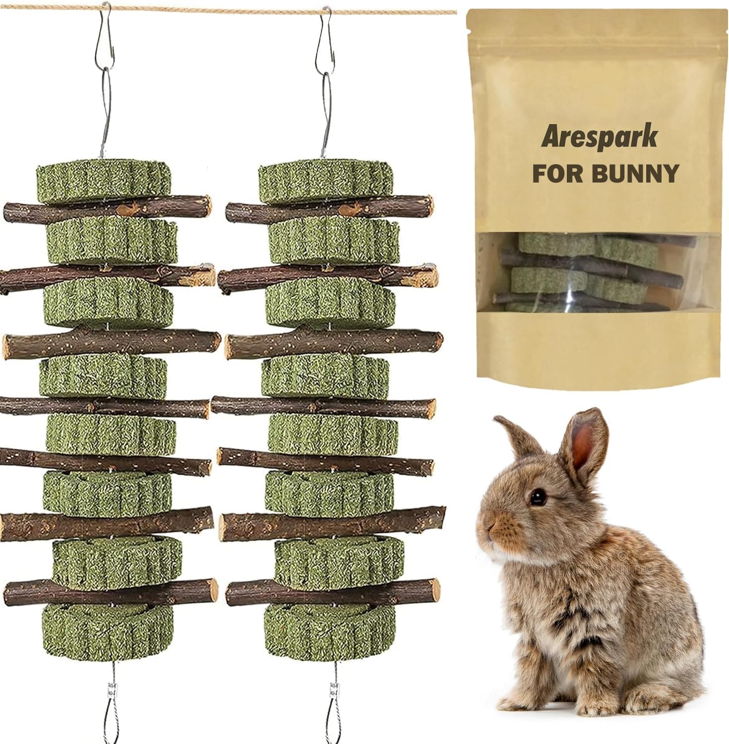 Arespack 2-Pack Rabbit Chew Toys for Small Pets - Organic Apple Wood & Timothy Hay Chew Sticks for Hamsters, Guinea Pigs, Chinchillas, Squirrels | Teeth Grinding Toys for Bunnies, Gerbils & Parrots - Perfect for Cage Enrichment & Dental Health