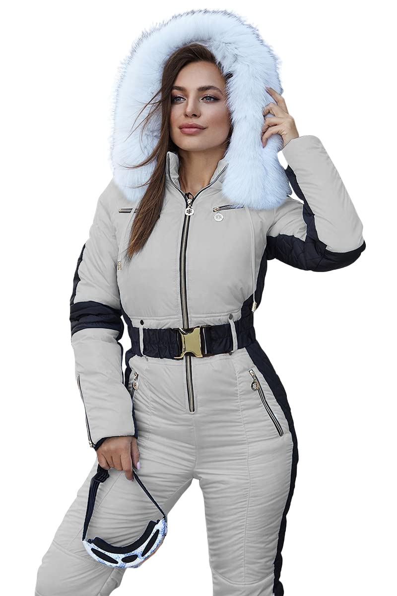 Yousify Women's Winter Onesie Ski Jumpsuit - Waterproof Snowsuit with Removable Fur Collar for Outdoor Sports & Snow Activities | Perfect for Skiing, Snowboarding & Winter Adventures