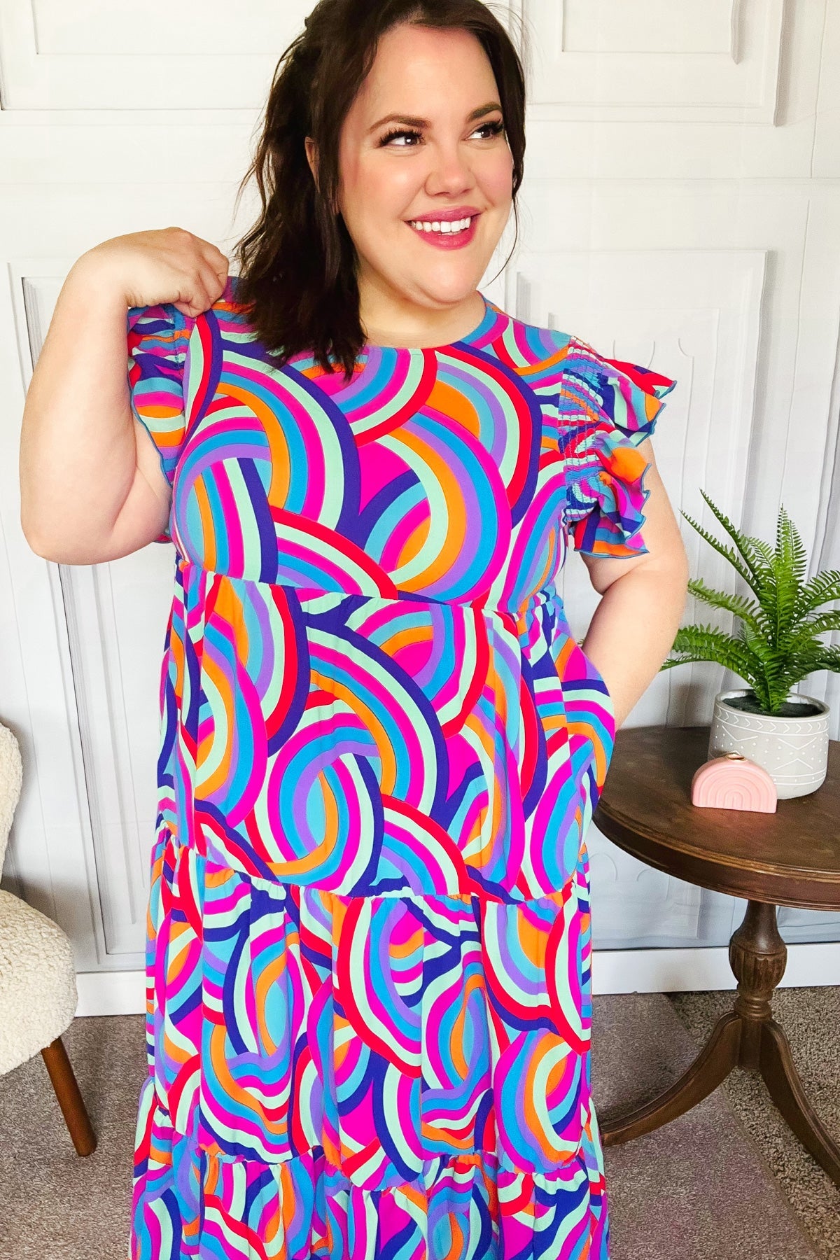 Stylish Purple Abstract Print Smocked Ruffle Sleeve Maxi Dress for Women | Flowy Bohemian Summer Beach Dress | Perfect for Vacations, Weddings & Date Nights