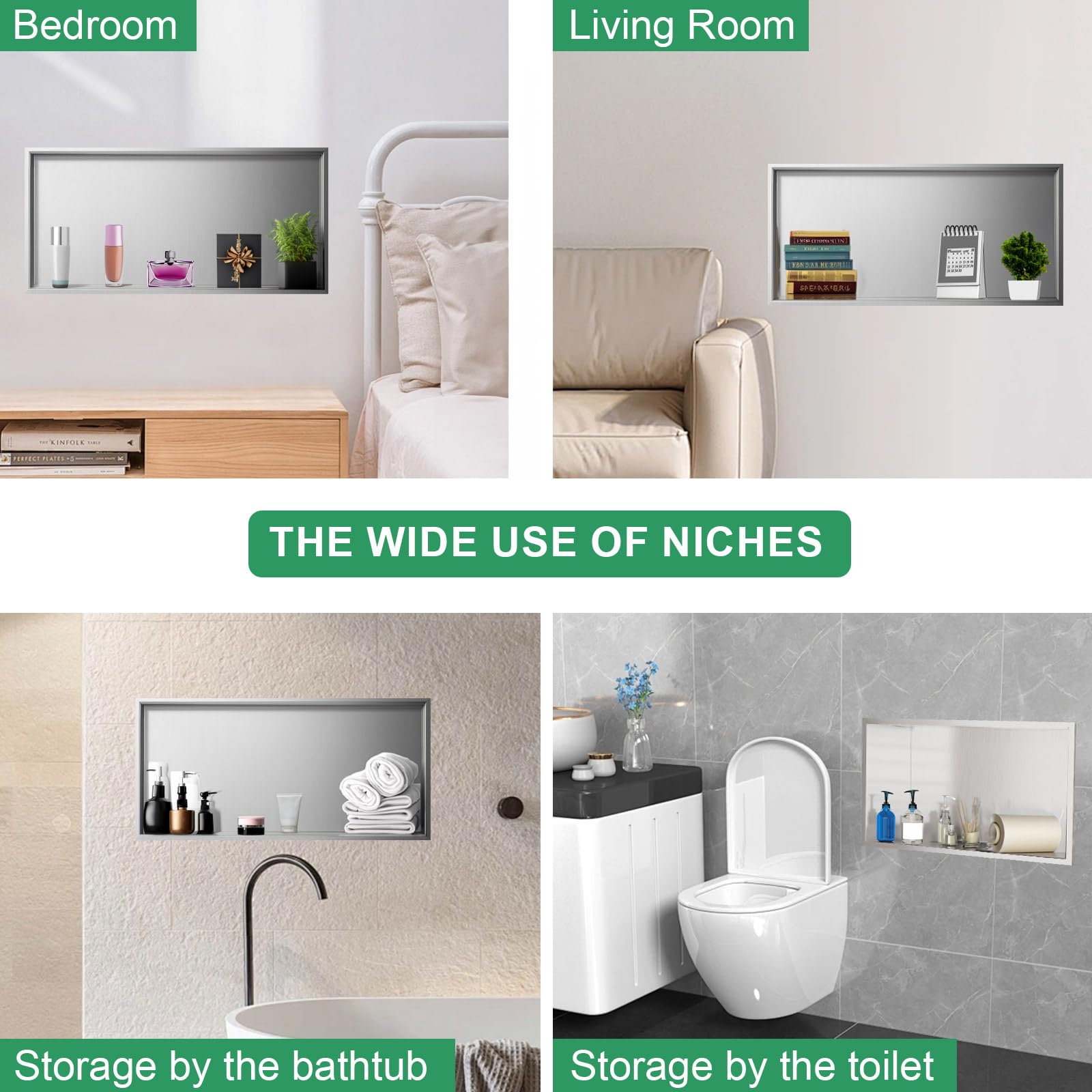 SaniteModar 12x24 Inch Stainless Steel Shower Niche - No Tile Needed Recessed Bathroom Storage Shelf (Brushed Silver) | Perfect for Shampoo, Soap & Bath Essentials Organization