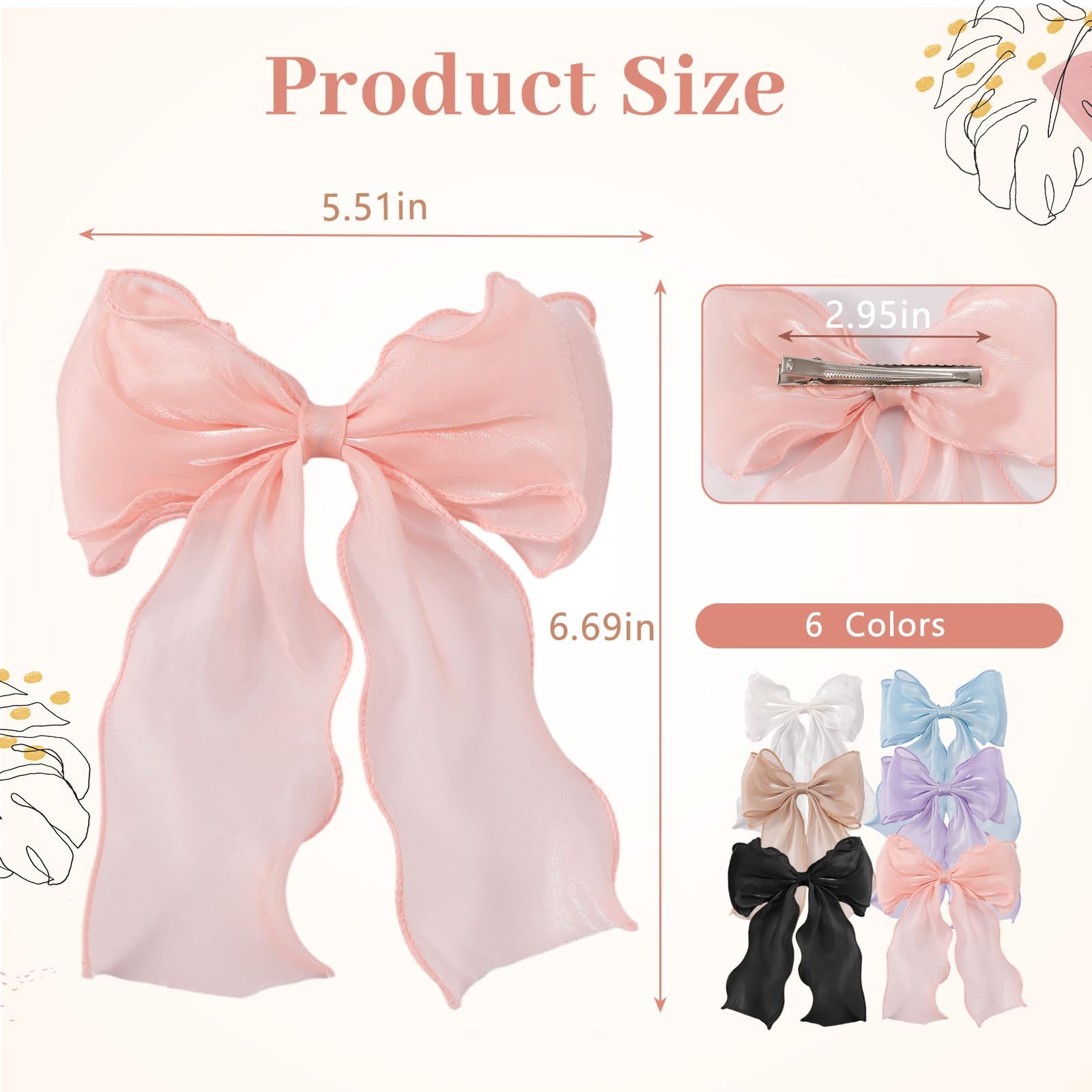 6PCS Women's Hair Bows - Soft Chiffon Bow Hair Clips with Metal Clasp, Bright Color Hair Ribbons for Girls & Women - Perfect for Parties, Weddings, School & Daily Hair Accessories Gift Set
