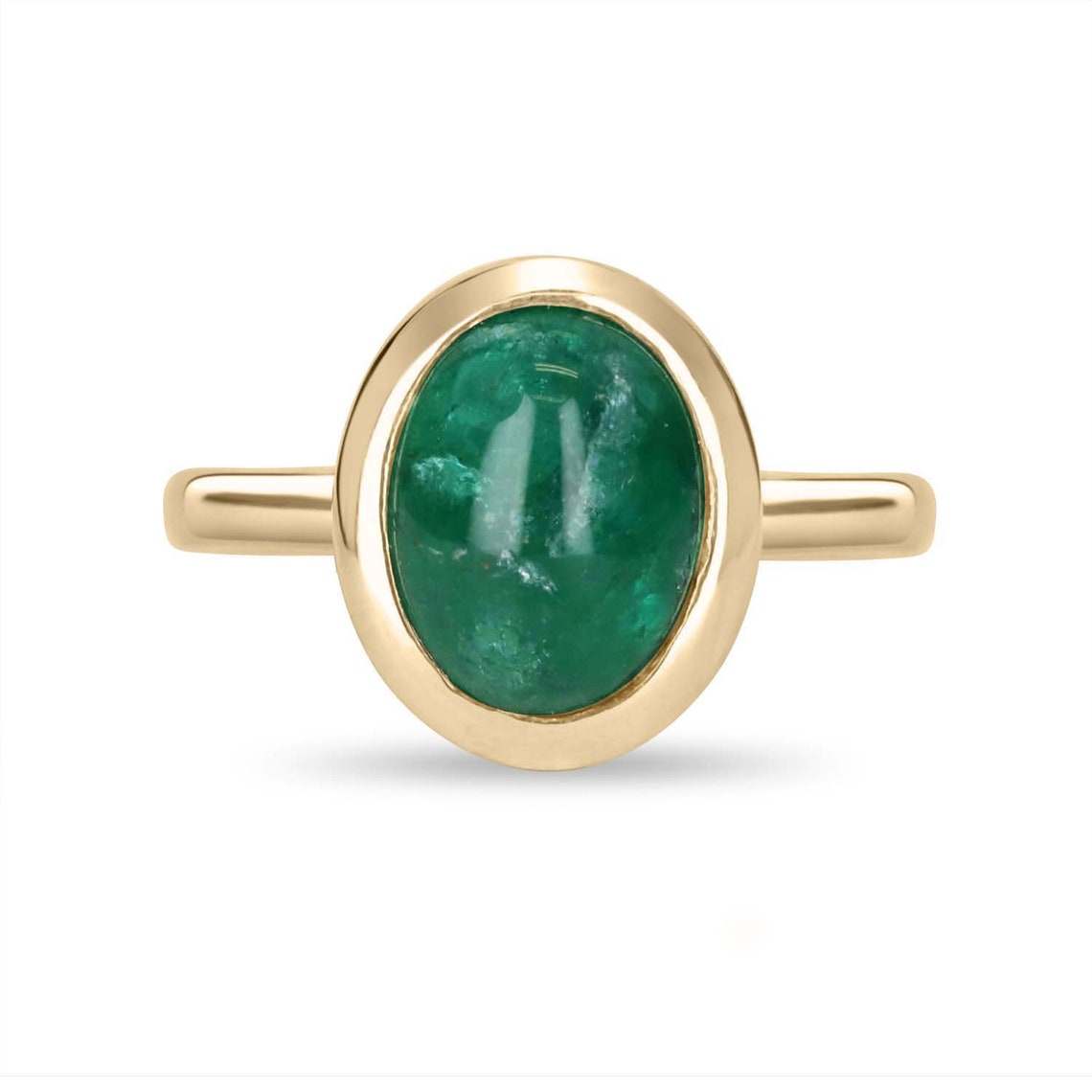 3.82 Carat Oval Emerald Cabochon Solitaire Ring in 14K Gold - Elegant Bezel Setting for Weddings, Anniversaries & Special Occasions
