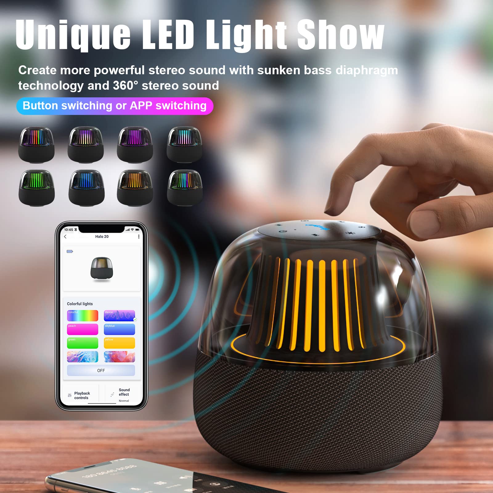 ALLWAY LED Bluetooth Speaker with 8 Light Modes, Super Bass & 360° HD Sound - Wireless Portable Speaker with APP Control, Built-in Mic for Calls, Bluetooth 5.3, TWS Pairing for Home, Party, Camping, Travel & Outdoor Adventures