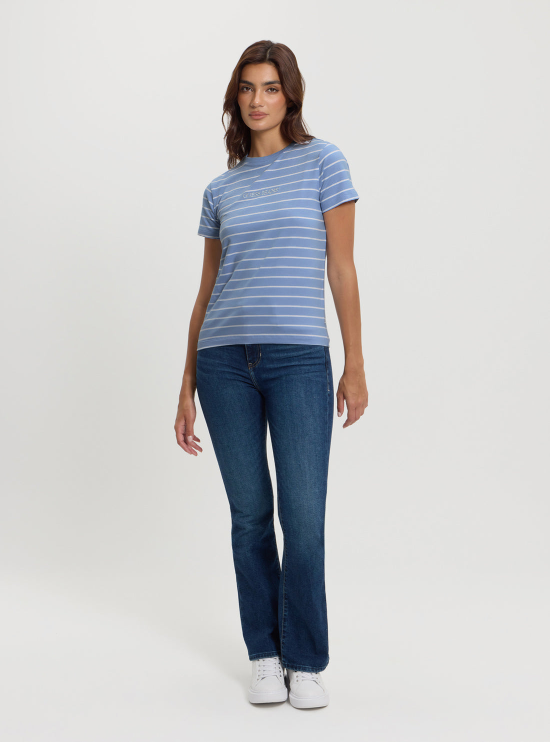 Guess Women's Blue Striped T-Shirt | Casual Short Sleeve Cotton Top for Everyday Wear | Perfect for Summer Outfits, Beach Days & Weekend Errands