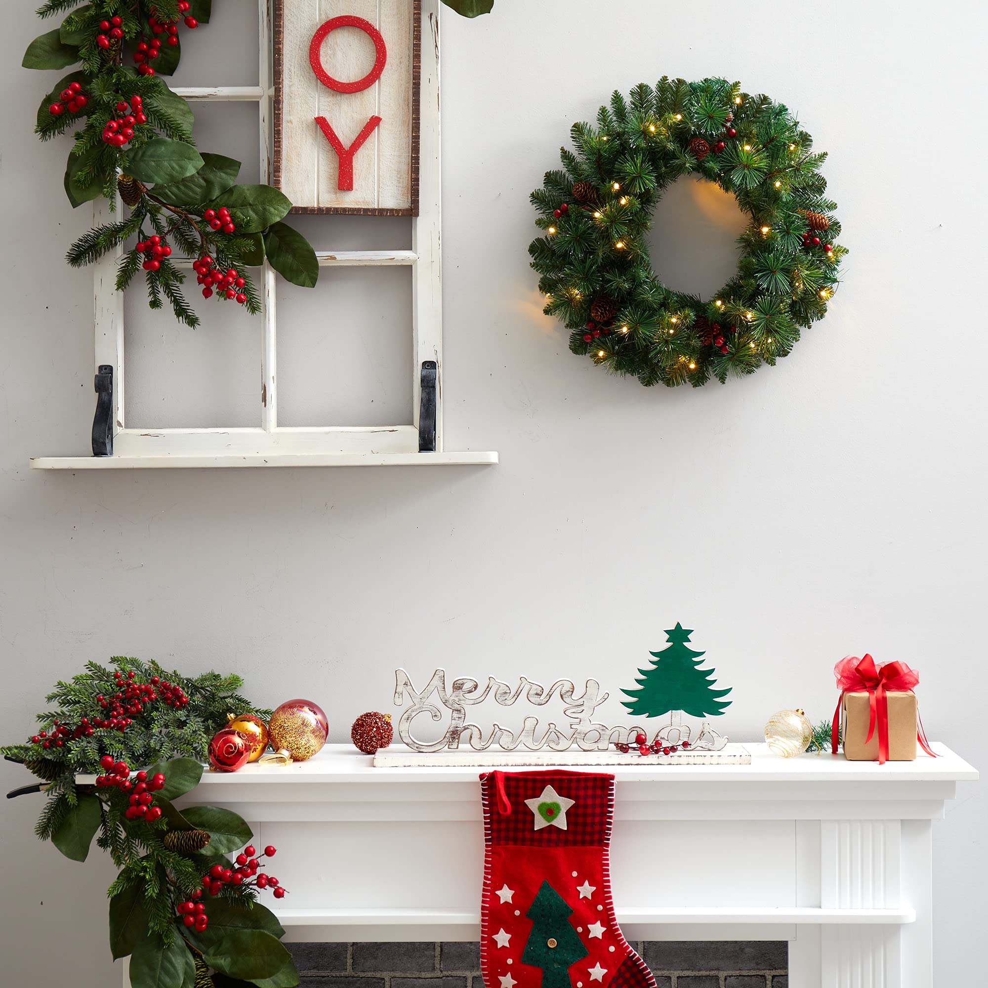 Nearly Natural 20-Inch Frosted Pine Artificial Christmas Wreath with Pinecones, Berries & 35 Warm White LED Lights - Holiday Home Decor for Front Door, Fireplace & Indoor/Outdoor Use