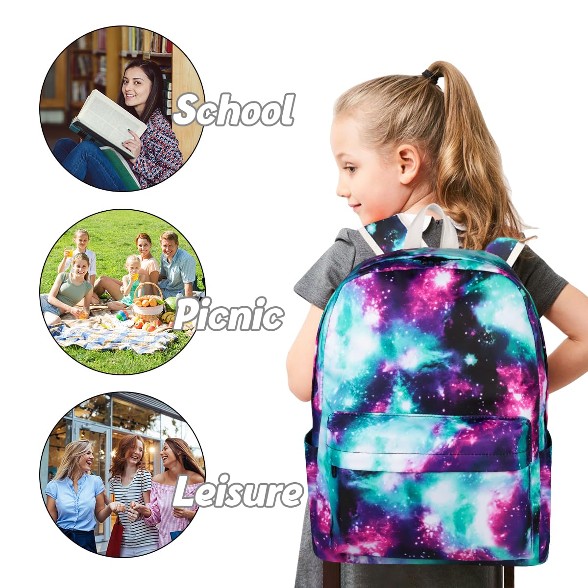 Lightweight School Backpack for Teen Girls & Women - Galaxy Green Bookbag with Lunch Box Set | Durable Daypack for School, College, Travel & Daily Use