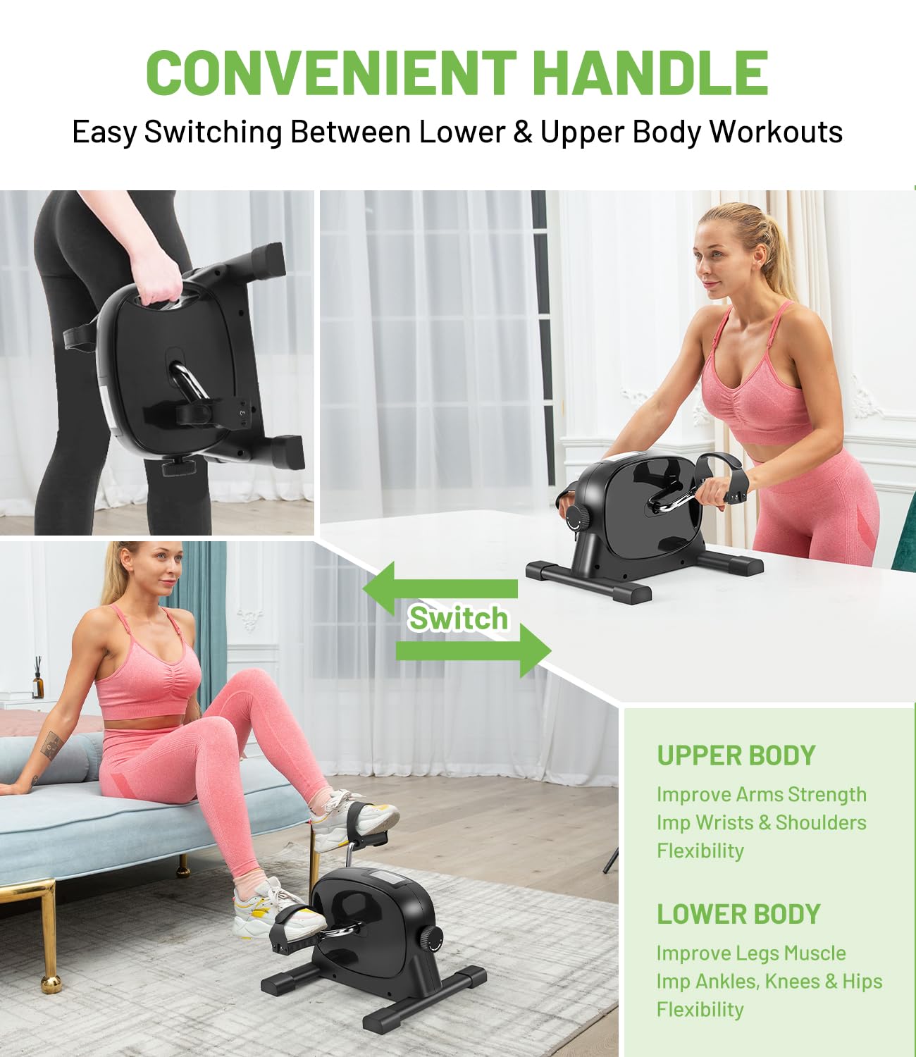 Under Desk Bike Pedal Exerciser - Portable Mini Exercise Bike with LCD Display for Home & Office - Leg & Arm Workout Equipment with Handle - Physical Therapy & Sitting Exercise Machine for Improved Circulation & Mobility - Perfect for Work from Home, Office Fitness & Rehabilitation