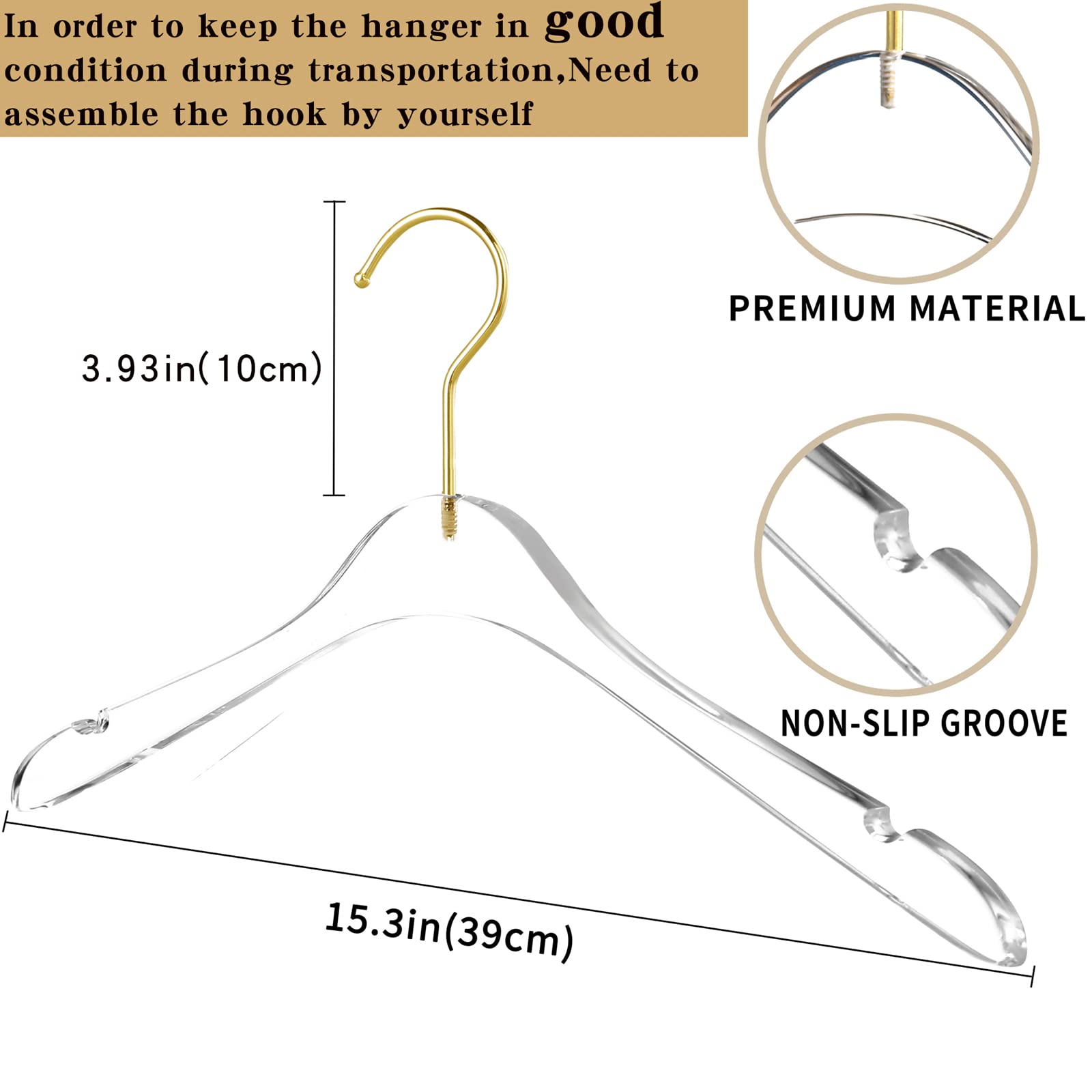 Besser 15 Pack Clear Acrylic Clothes Hangers with Swivel Gold Hooks - Premium Crystal Dress Hangers for Wardrobe Organization, Luxury Shiny Closet Essentials (Clear-Style B) - Perfect for Displaying Dresses, Blouses & Delicate Garments in Walk-In Closets & Boutiques