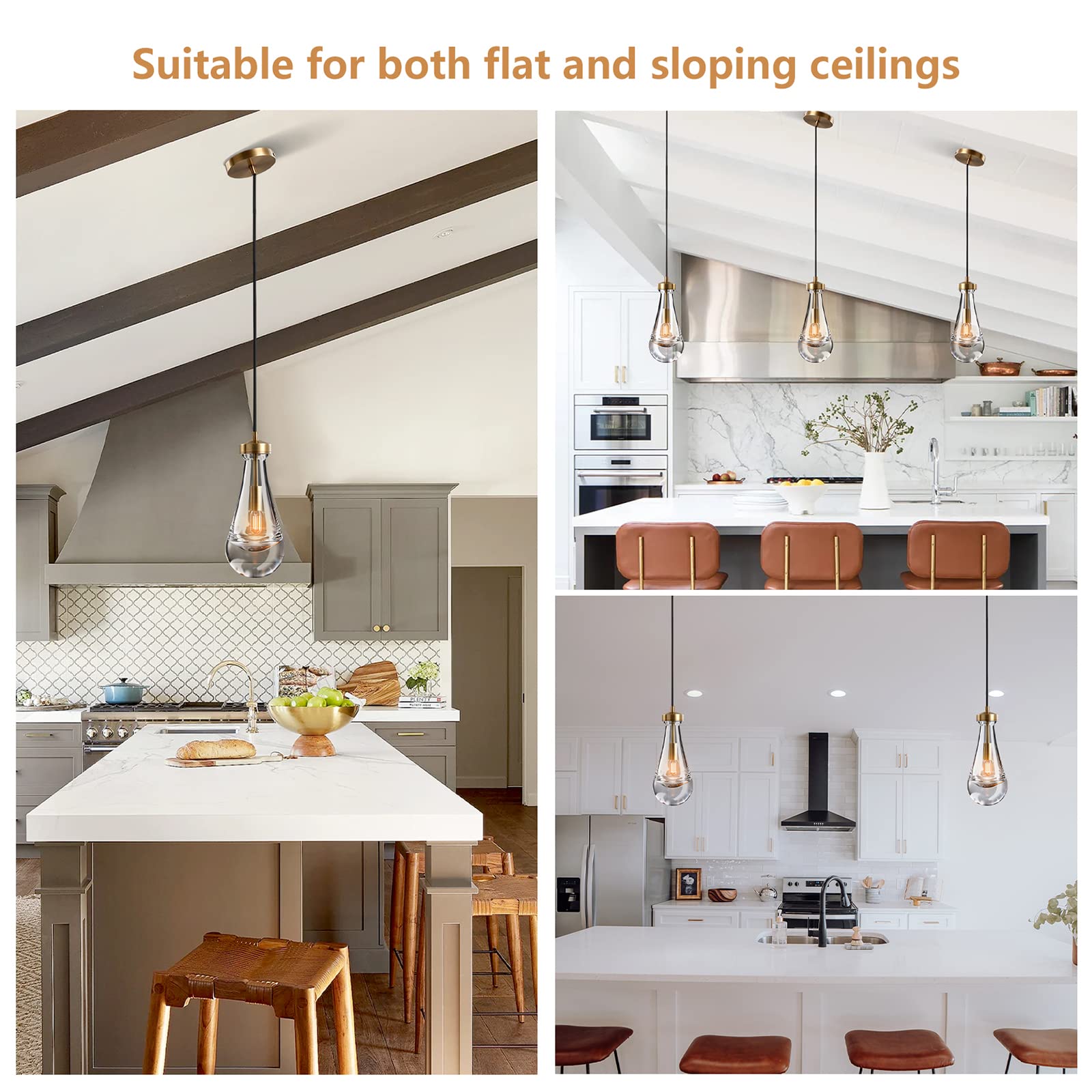 Modern Brass Pendant Light Fixtures with Raindrop Glass for Kitchen Island, Living Room, Hallway, Bedroom, Dining Hall, Office & Bar - Farmhouse Decor (Includes Bulb) | Elegant Lighting for Home & Commercial Spaces