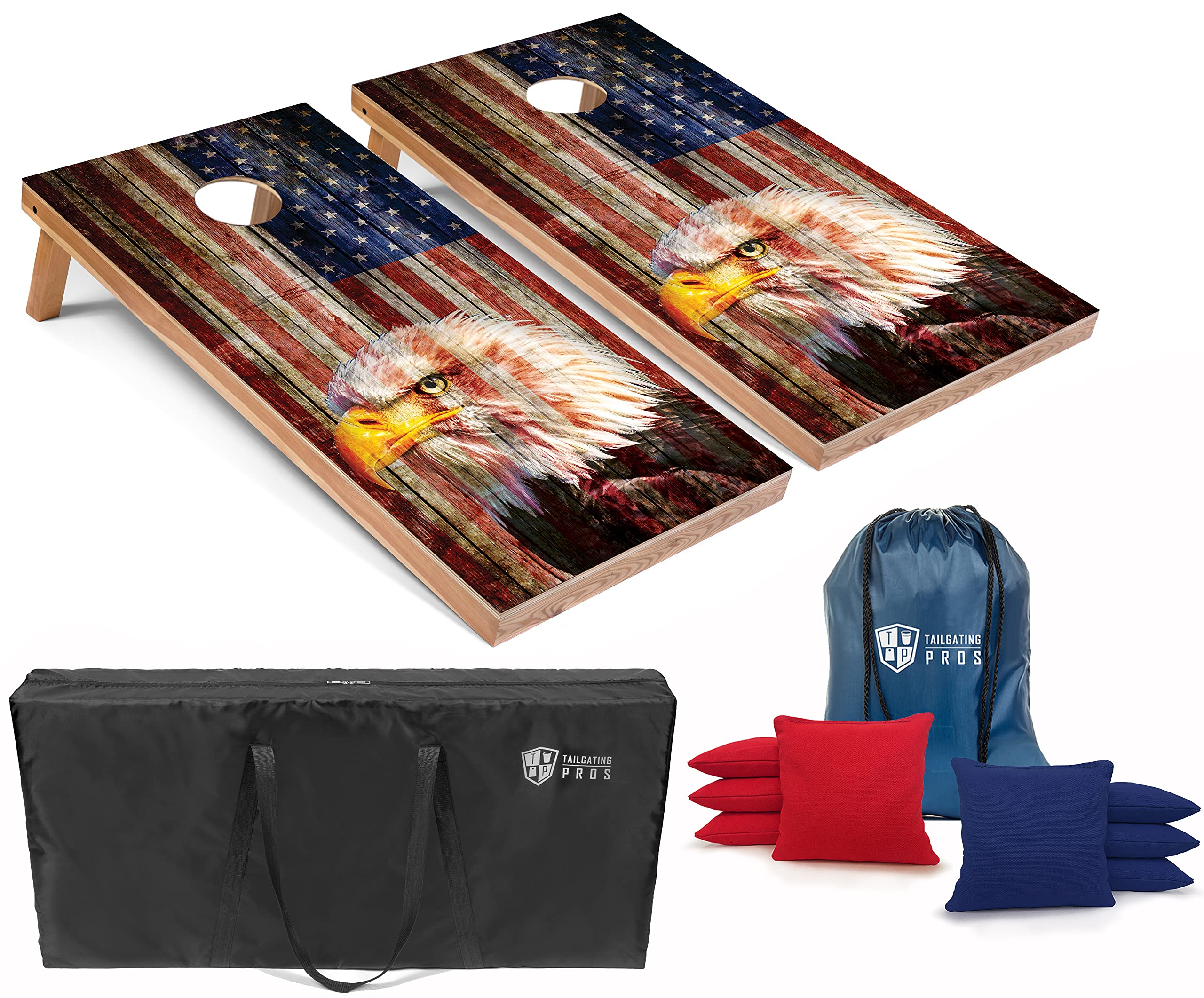 Patriotic Eagle US Flag Cornhole Board Set with Bean Bags & Carrying Case - 4'x2' Outdoor Toss Game - Optional LED Lights for Backyard, Tailgate Parties & BBQ Events