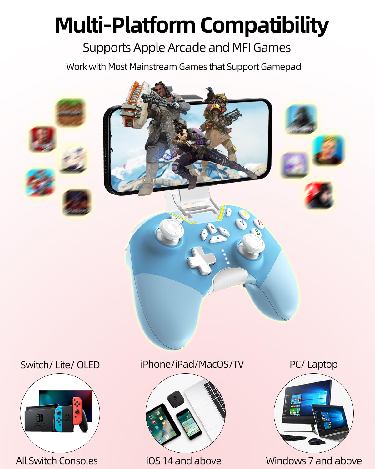 Premium Wireless Bluetooth Gaming Controller for iPhone & Android - Hall Effect Joystick, MFi Certified, Compatible with Apple Arcade, PC, Switch & Steam | Features Macro, Turbo Mode, 6-Axis Motion & Adjustable Vibration | Perfect for Mobile Gaming, Cloud Gaming & Esports Tournaments