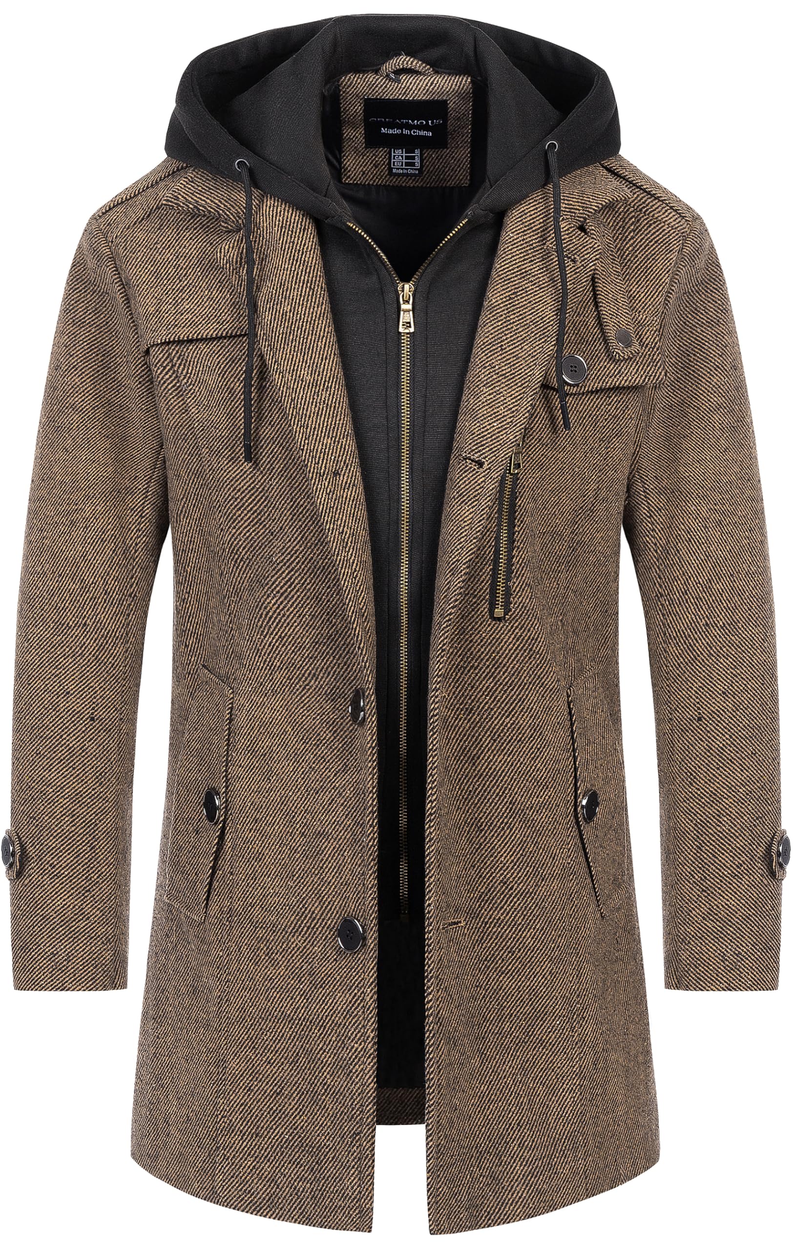 CREATMO Men's Classic Wool Blend Pea Coat - Windproof Business Overcoat with Detachable Hood - Winter Warm Trench Coat for Office, Formal Events & Outdoor Activities