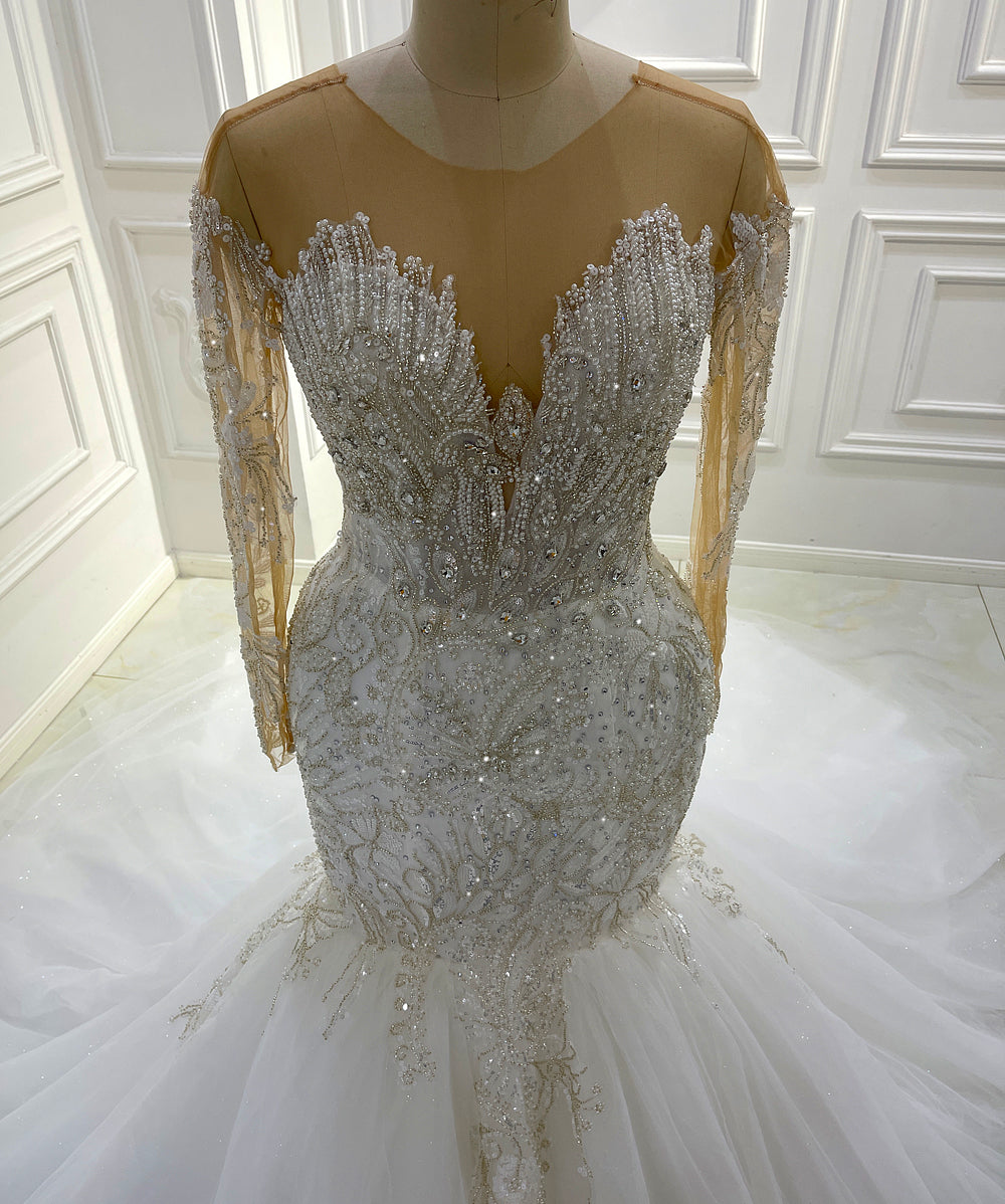 Elegant Long Sleeve Lace Mermaid Wedding Dress with Crystal Details - Perfect for Bridal Ceremonies, Evening Galas, and Formal Events