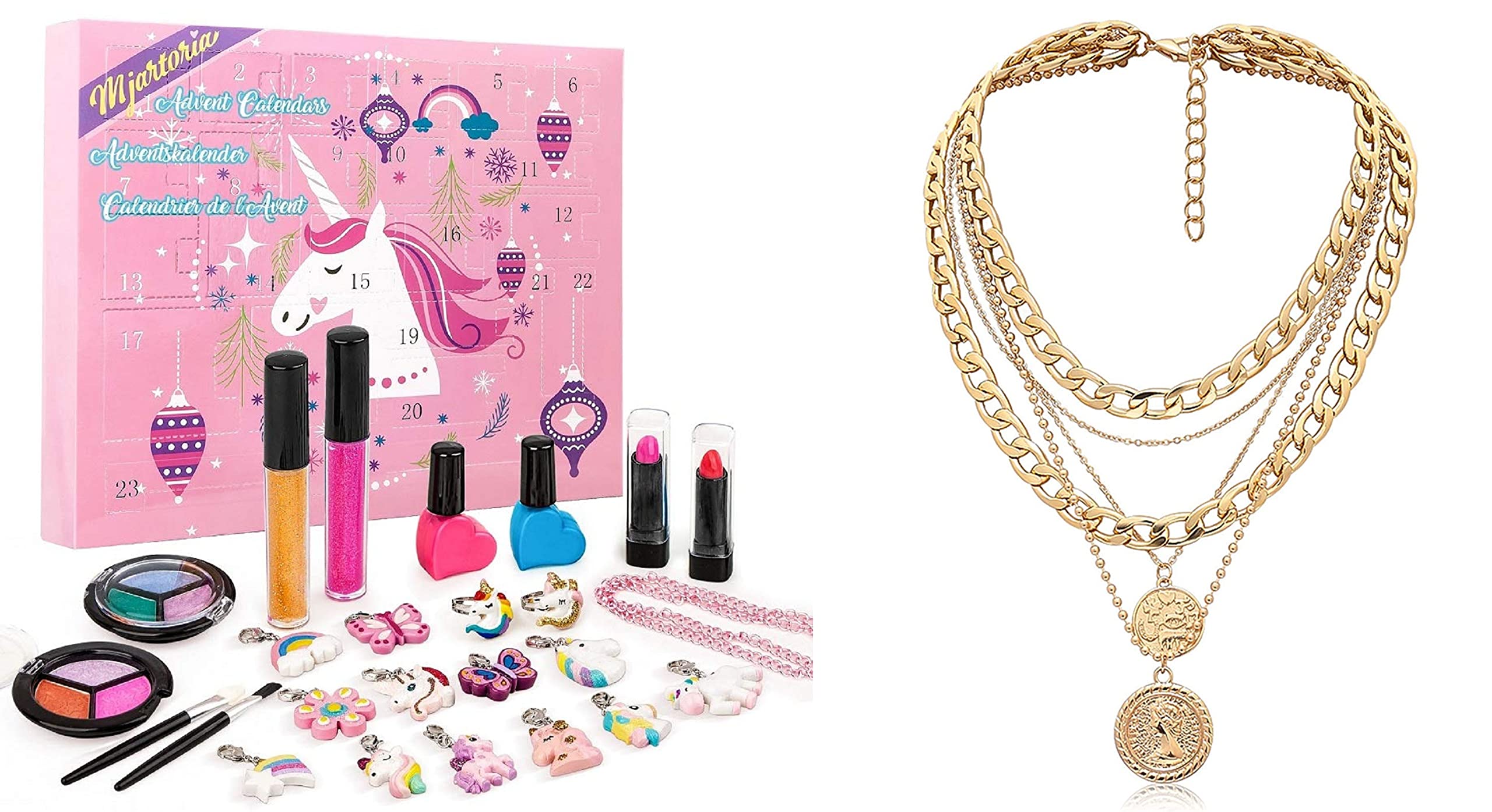 MJartoria 2022 Unicorn Makeup Advent Calendar for Girls - Beauty Christmas Countdown Gift Set with Retro Coin Pendant Layered Necklaces for Women | Perfect for Holiday Gifting, Birthday Presents & Self-Care Moments