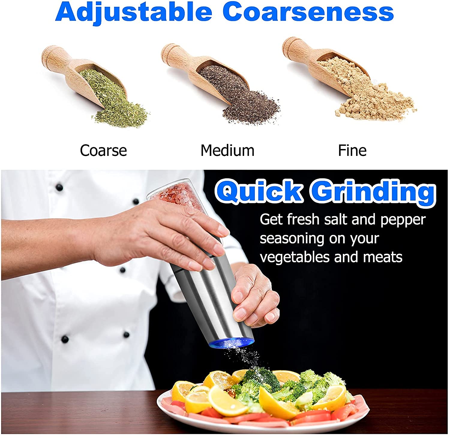 Premium Gravity Electric Salt and Pepper Grinder Set - Automatic One-Hand Operation, Adjustable Coarseness for Himalayan Salt & Fresh Peppercorns - Perfect for Kitchen, Dining Table & Outdoor BBQ