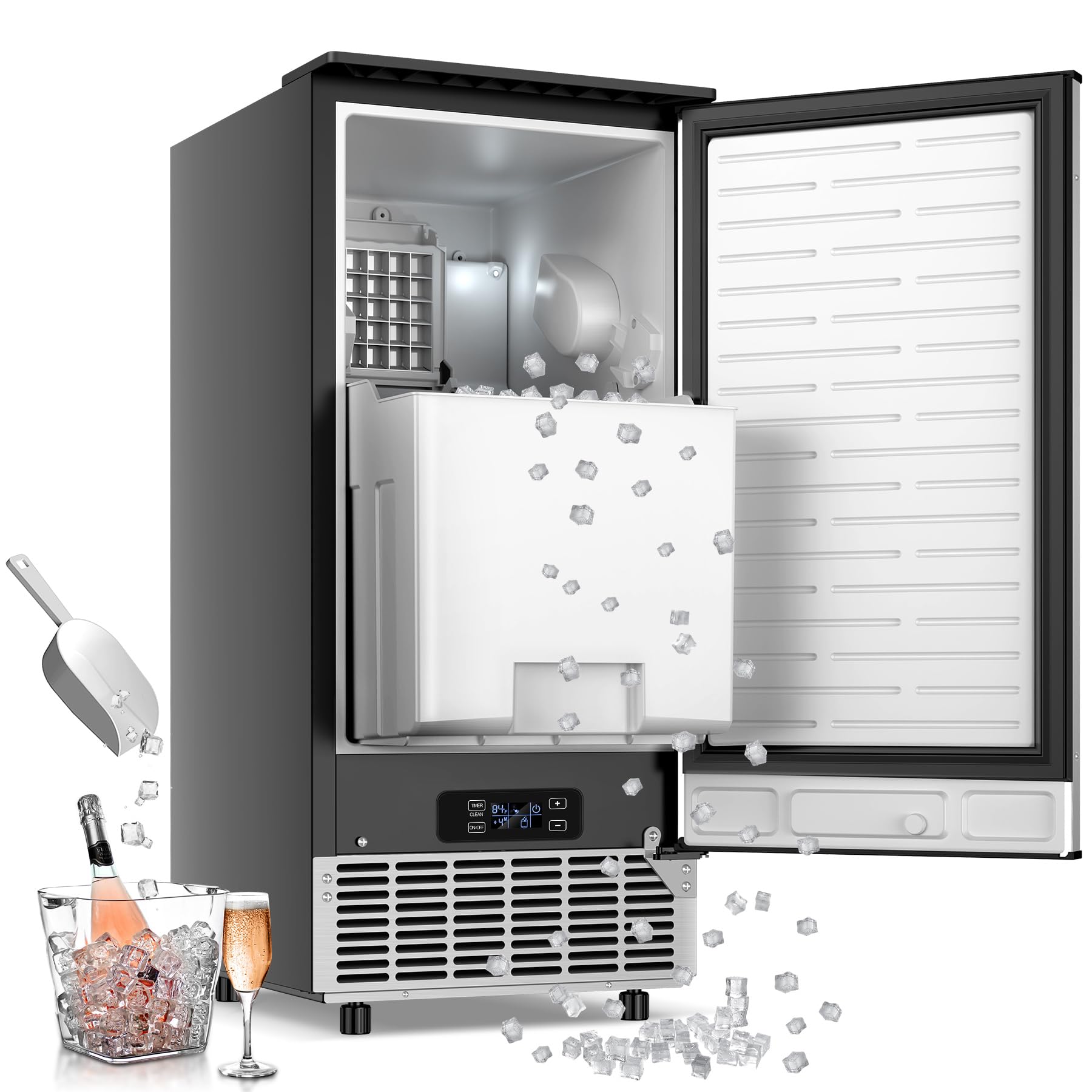 Under Counter Ice Maker Machine - 95Lbs/Day Capacity with 35Lbs Storage Bin, Makes 40 Ice Cubes in 10 Minutes, Reversible Door - Built-in Commercial & Home Use for Bars, Restaurants, Offices, and Parties
