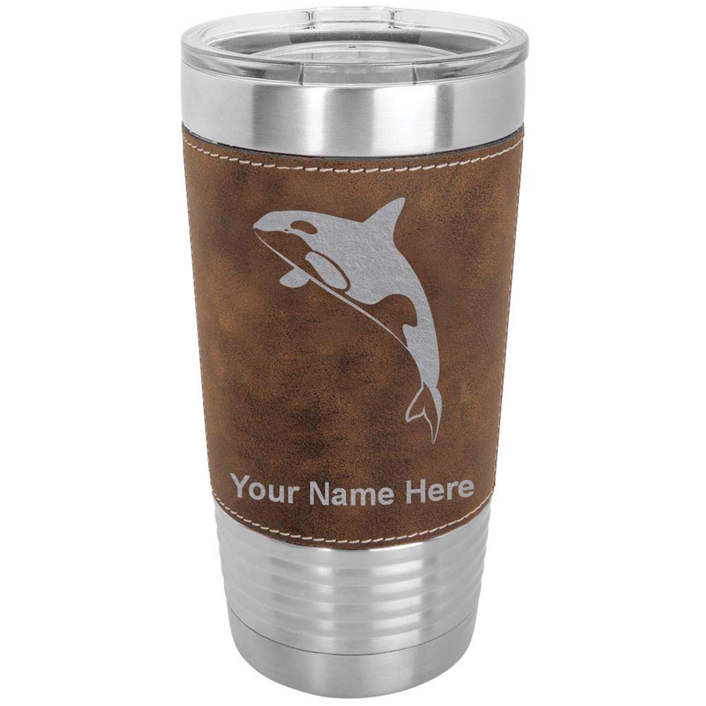 LaserGram 20oz Vacuum Insulated Stainless Steel Tumbler Mug with Personalized Engraving - Killer Whale Design, Faux Leather Base & Rustic Finish - Perfect for Coffee, Tea & Cold Drinks at Home, Office or Travel
