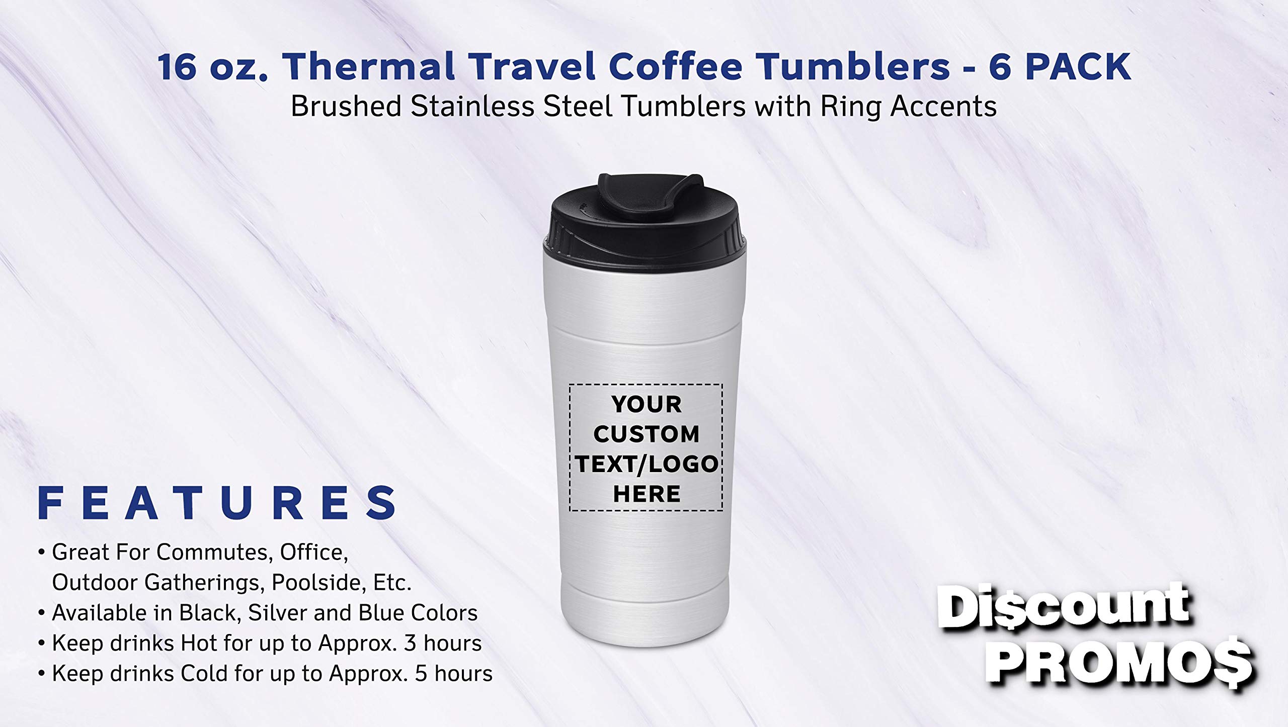 Custom 16 oz Insulated Travel Coffee Tumblers - 6 Pack with Personalized Text & Logo - Stainless Steel Silver - Perfect for Office, Gym & Outdoor Adventures