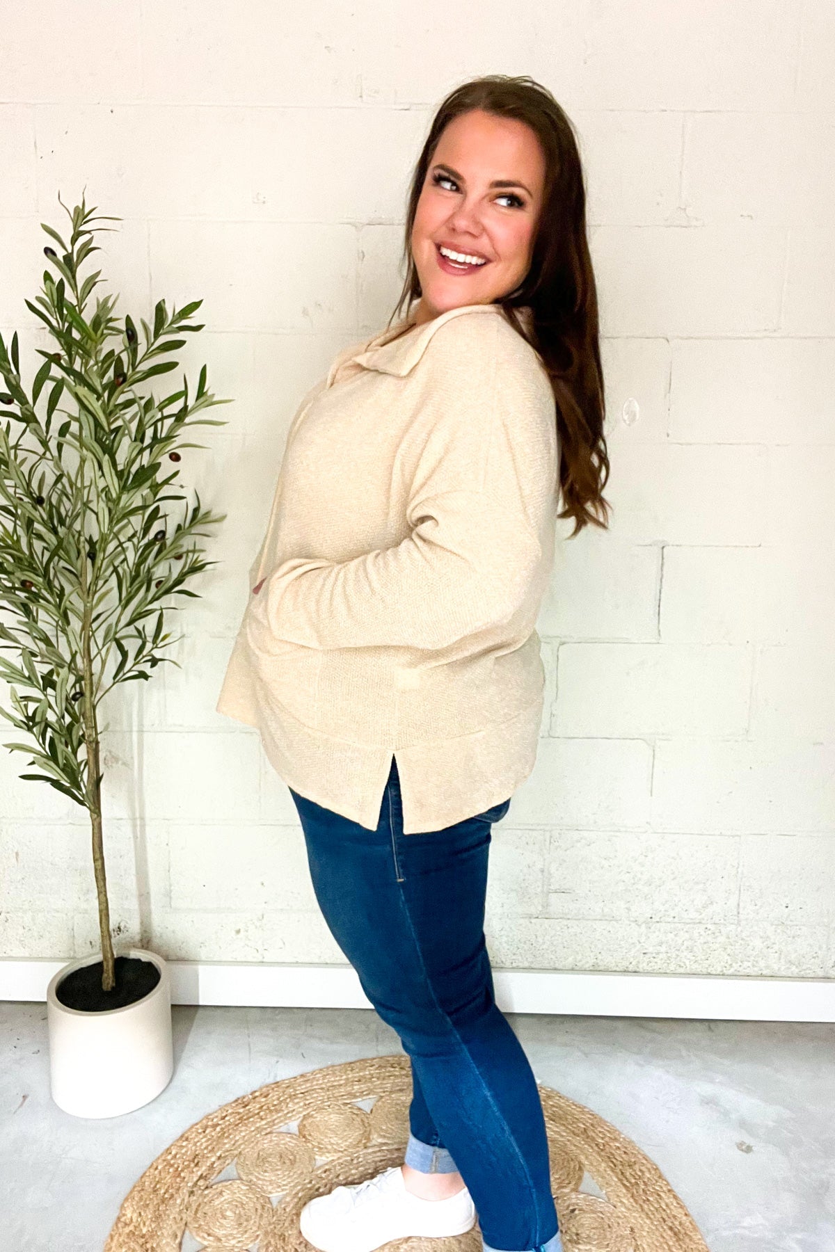 Easy Living Oatmeal Textured Knit Notch Neck Oversized Collar Sweater - Cozy Oversized Women's Knitwear for Fall & Winter | Perfect for Casual Outfits, Coffee Dates and Weekend Relaxation