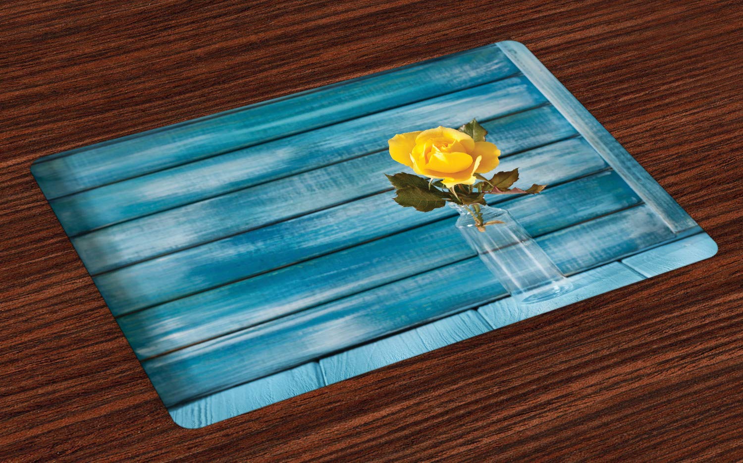 Ambesonne Rose Place Mats Set of 4 - Realistic Blooming Yellow Rose in Clear Vase Design, Washable Fabric Table Mats for Dining Room & Kitchen Decor in Petrol Blue, Yellow & Olive Green - Perfect for Dinner Parties, Holiday Gatherings & Everyday Meals