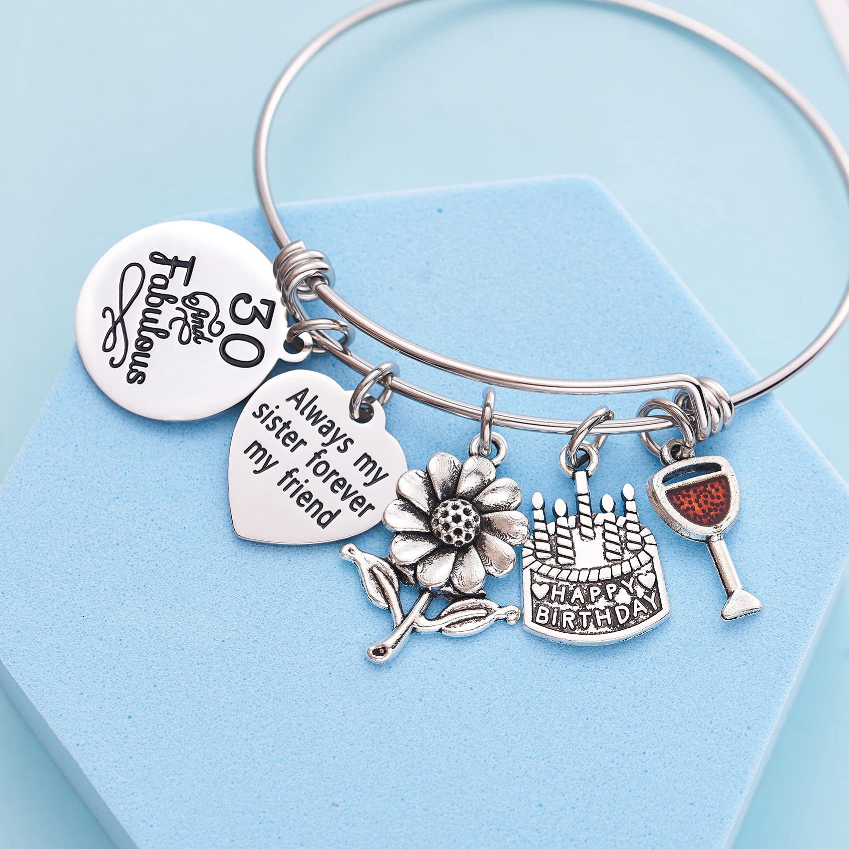 LParkin Expandable Bracelet for Women - 30th & 40th Birthday Gifts, Sister Gifts with 'Always My Sister Forever My Friend' & 'Live Laugh Love' Cake Charms | Perfect for Birthdays, Anniversaries & Special Occasions
