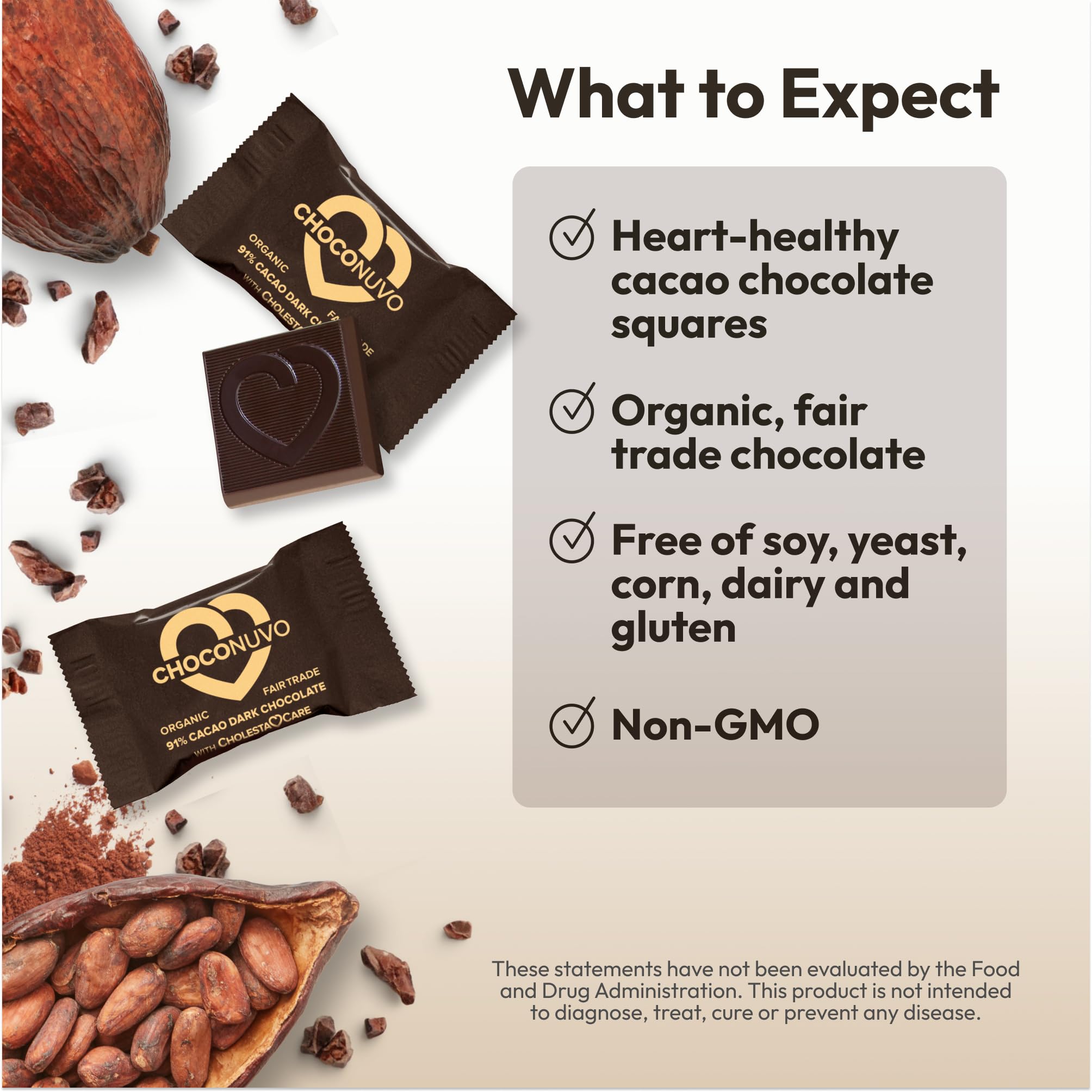 ANDREW LESSMAN ChocoNuvo 91% Cacao Extreme Dark Chocolate - 120 Organic Fair Trade Pieces with Plant Sterols for Healthy Cholesterol | Low Calorie (26kcal), Low Fat, Low Sugar | Perfect for Healthy Snacking & Heart-Healthy Diets