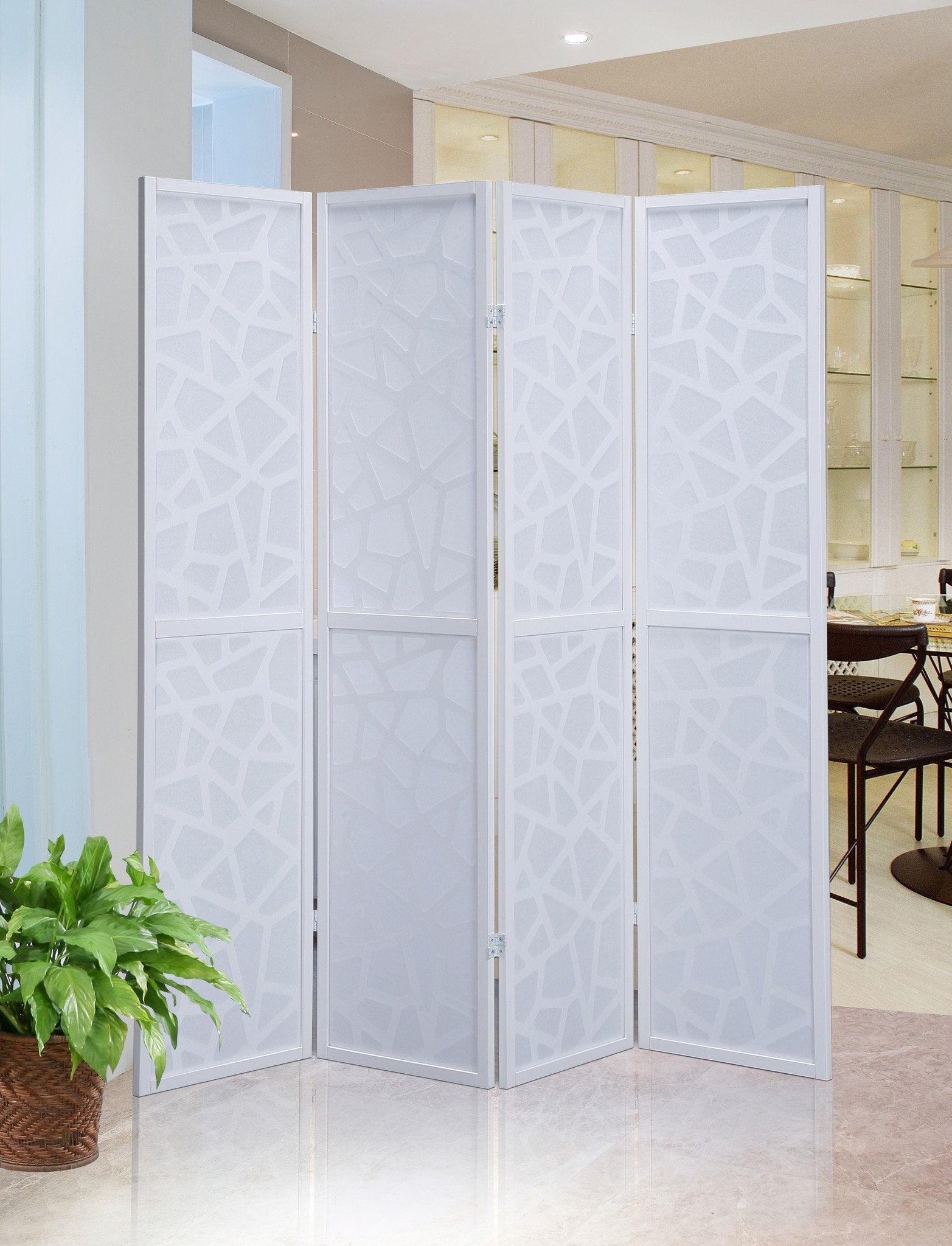 Roundhill Furniture Giyano 4-Panel Folding Room Divider Screen - White Privacy Partition for Home, Office, and Bedroom Decor