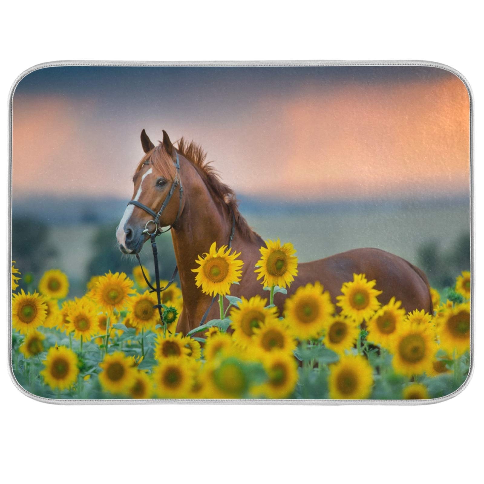 ALAZA Horse Sunflowers Dish Drying Mat - Super Absorbent Microfiber Kitchen Countertop Pad (16x18 Inch) for Dishes, Utensils & Cookware - Perfect for Drying, Decorating & Protecting Countertops