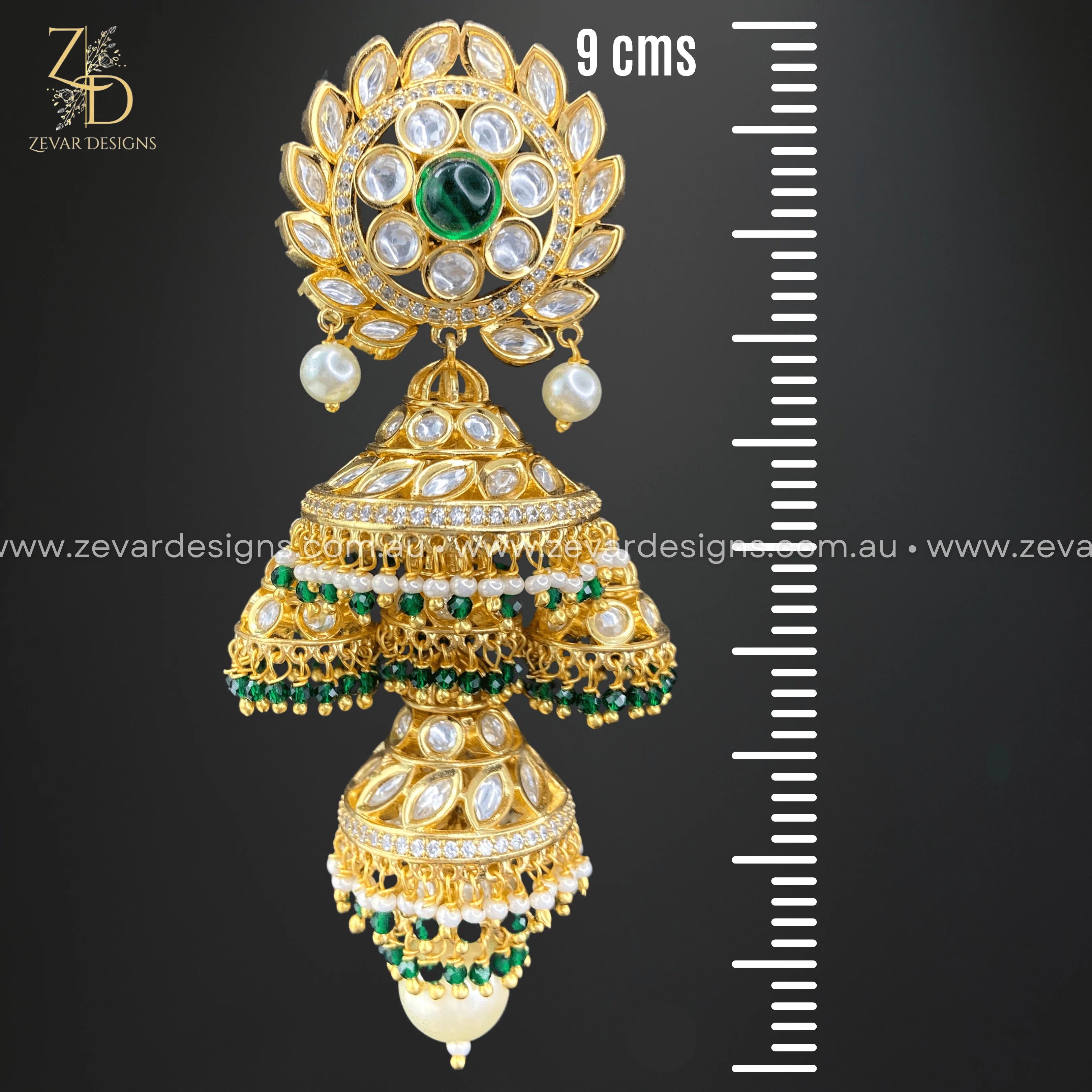 Exquisite Designer Kundan Jhumki Earrings - Green Stone Traditional Indian Jewelry for Weddings, Parties & Festive Occasions