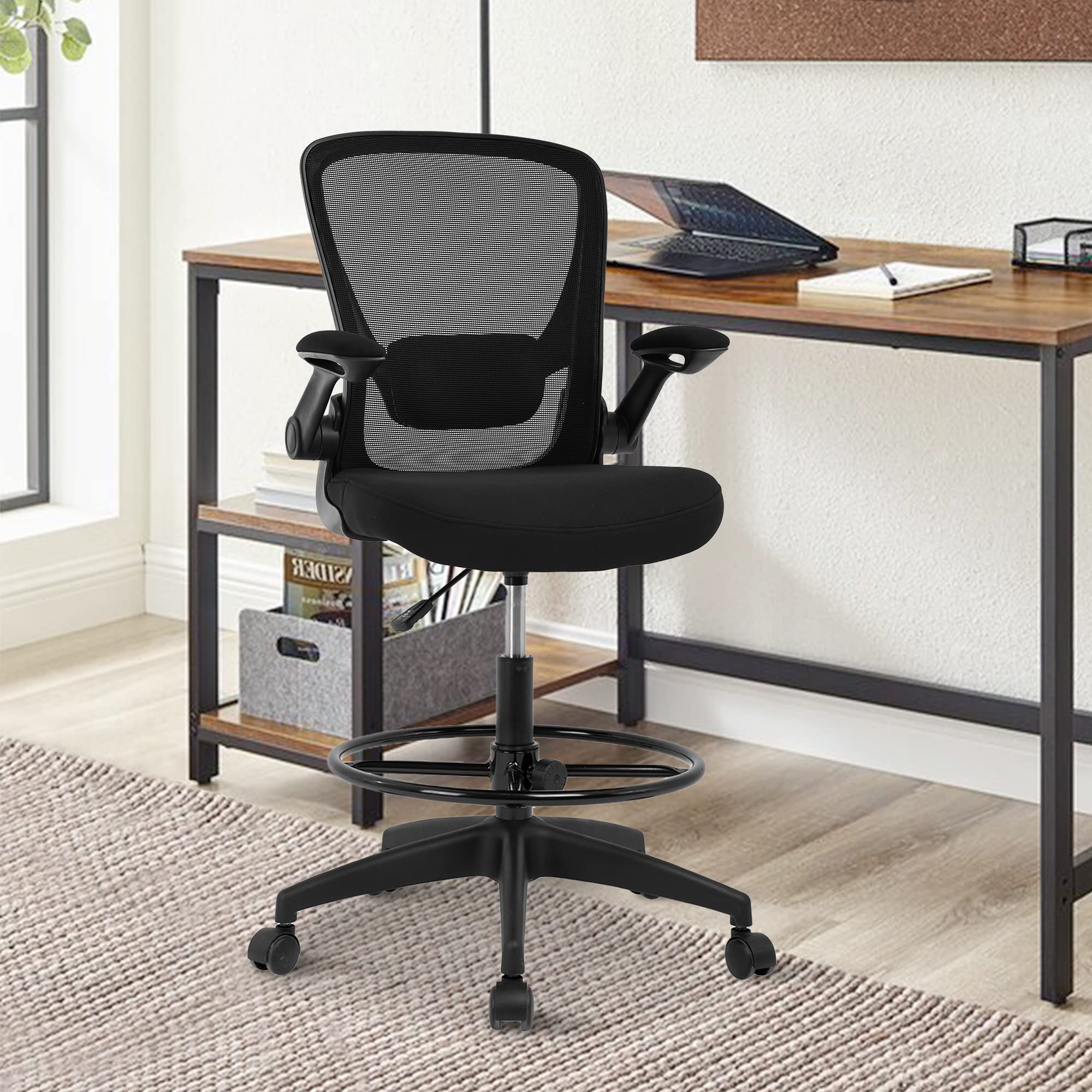 Ergonomic Mesh Drafting Stool with Flip-Up Arms & Adjustable Foot Ring - Tall Standing Desk Chair for Office, Home & Conference Room - PIKAQTOP Swivel Computer Chair for Architects, Artists & Gamers
