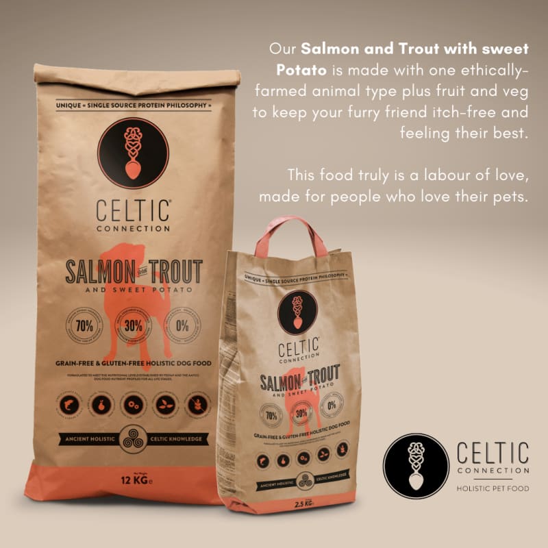 Celtic Connection Salmon With Trout & Sweet Potato Dry Dog Food - Grain Free, High Protein for Adult Dogs - 5lb & 15lb Bags - Perfect for Active Dogs & Outdoor Adventures
