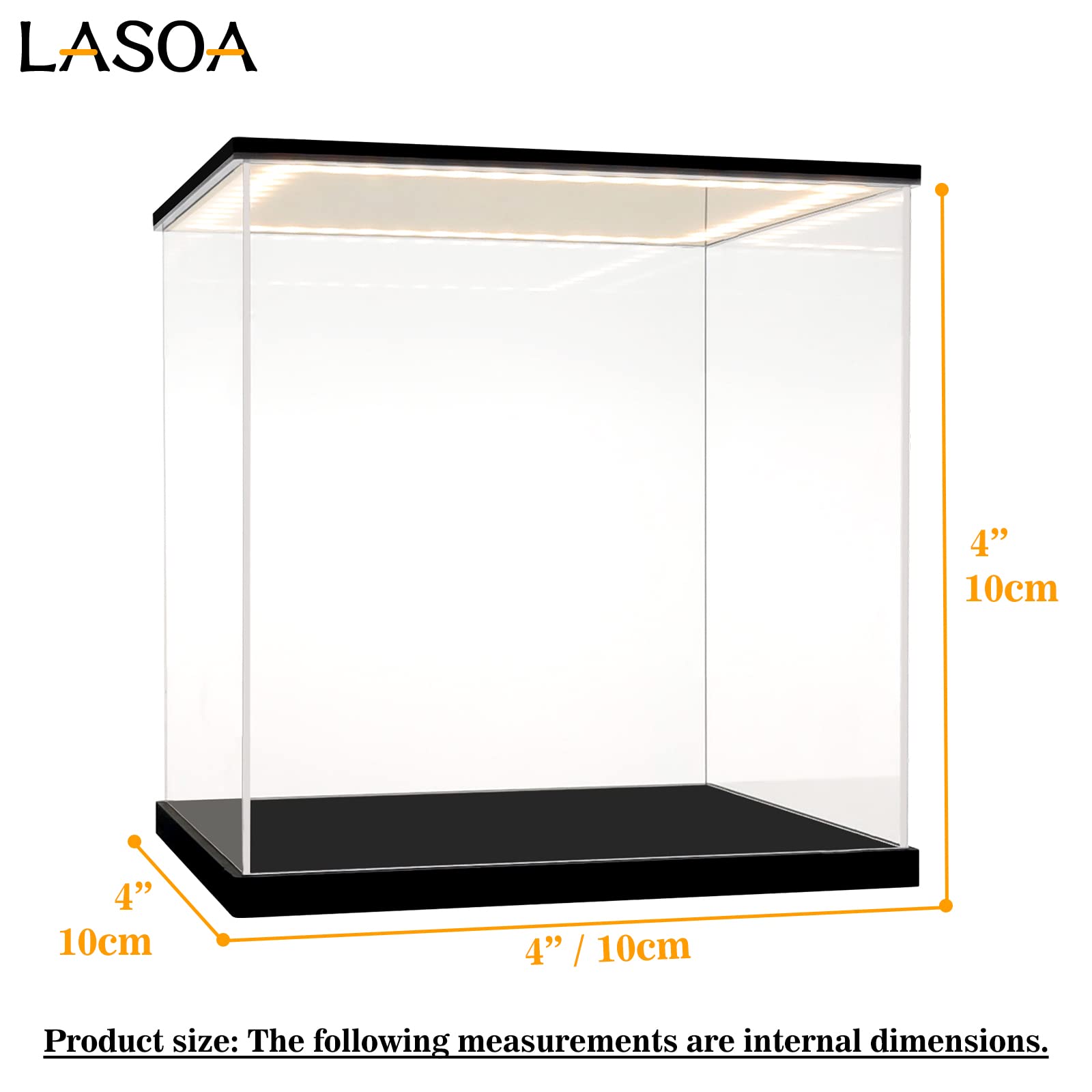 LASOA Acrylic Display Case with LED Light - 4x4x4 Inch Clear Collectible Showcase Box for Figurines, Memorabilia & Toys - Black Base & Lid, Easy Self-Assembly - Perfect for Home Decor, Office Display & Gift Packaging (10x10x10cm)