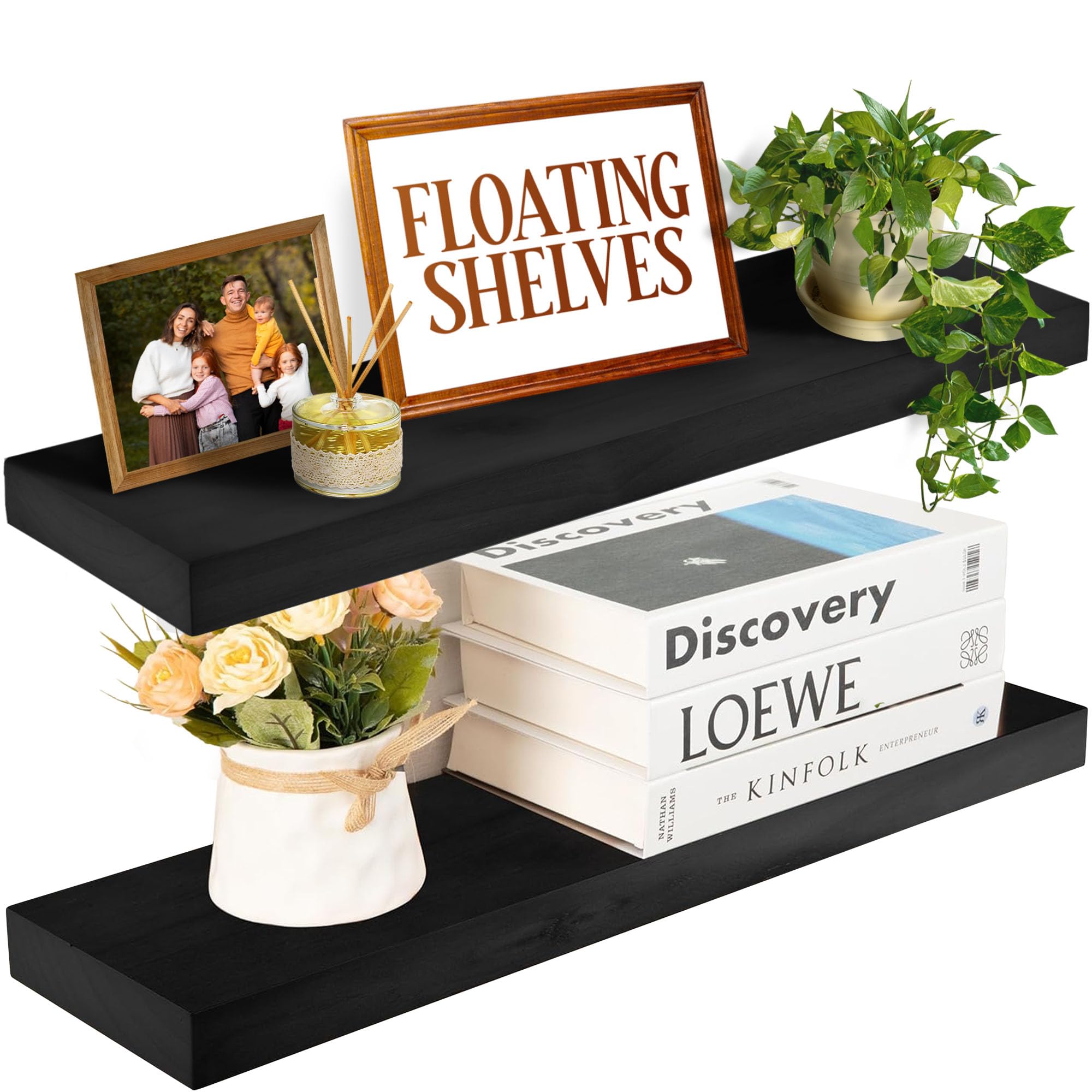 Heavy Duty Floating Shelves for Wall - 24 Inch Long Natural Wood Wall Shelves Set of 2 (24