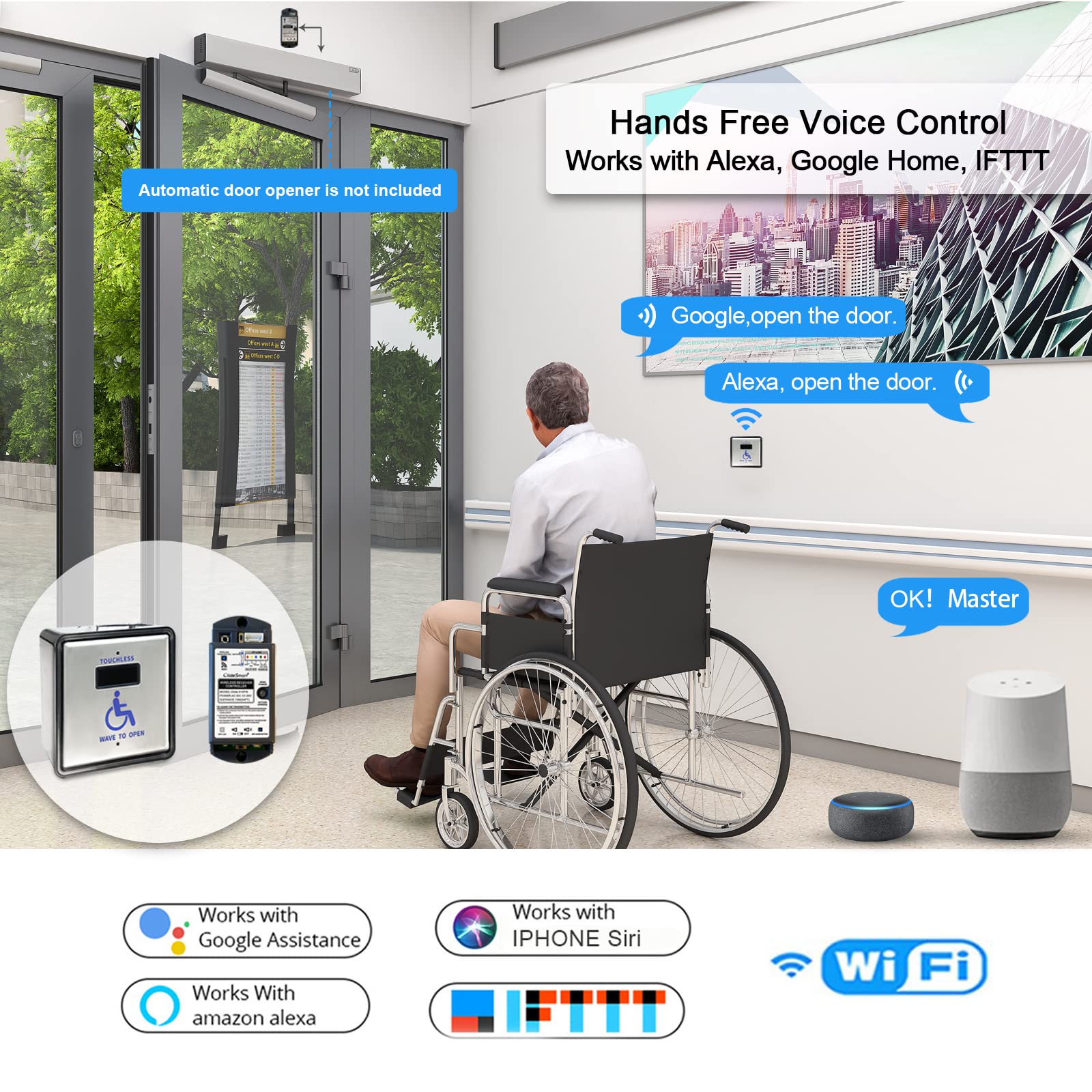 Olideauto Wireless Handicap Wave Sensor Switch - Automatic Door Opener with WiFi Function, 4.5'' Stainless Steel Square Panel (Model Olide-512N) - Ideal for ADA Compliant Restrooms, Hospitals & Public Facilities