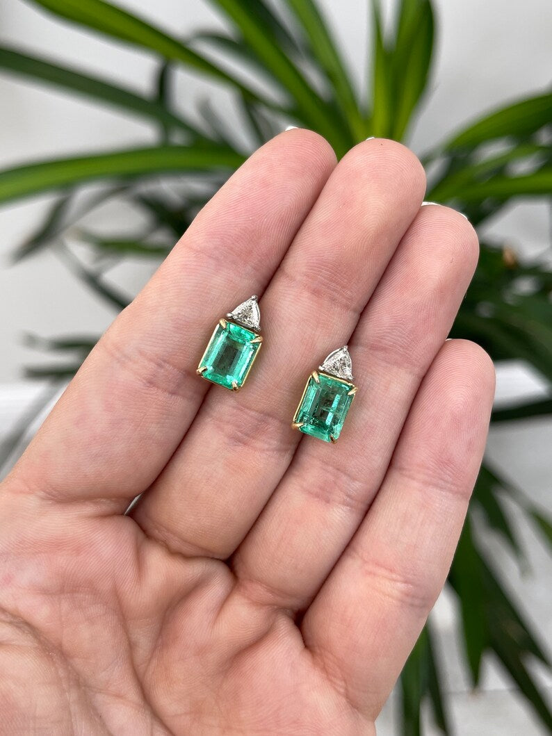 18K White Gold Colombian Emerald and Diamond Stud Earrings - 6.73tcw Emerald Cut & Trillion Accent - Elegant Jewelry for Weddings, Parties & Special Occasions
