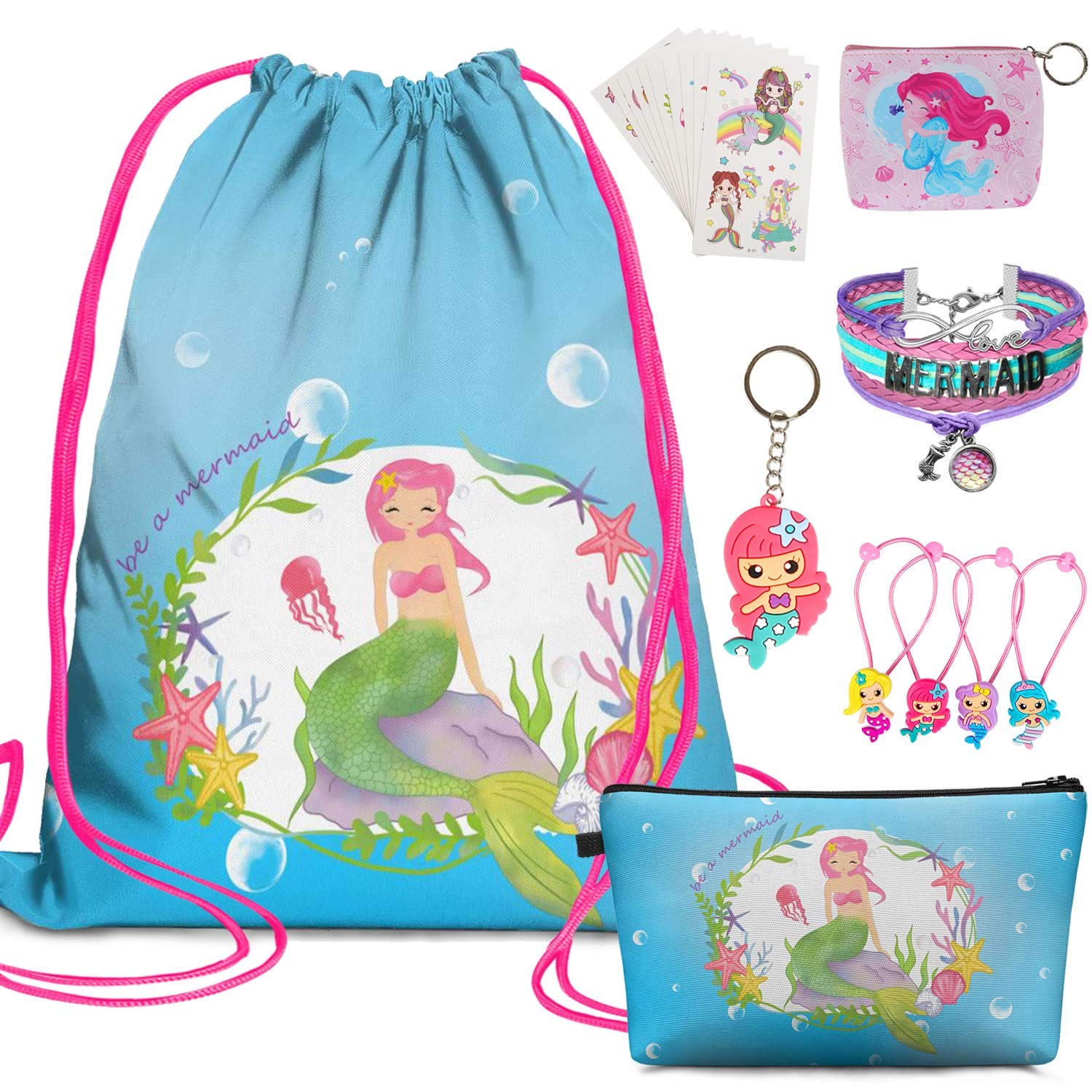 7 PCS Mermaid Birthday Gift Set for Girls - Mermaid Drawstring Backpack, Makeup Bag, Sticker, Keychain, Hair Ties, Coin Purse | Perfect for Birthday Parties, Themed Events & Mermaid Lovers