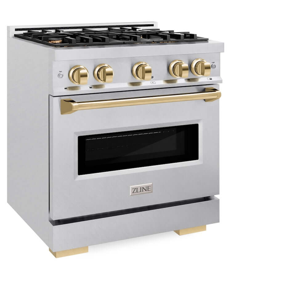 ZLINE Autograph Edition 30-inch 4.2 cu. ft. Dual Fuel Range - 4 Burner Gas Cooktop & Electric Convection Oven - Satin Stainless Steel with Polished Gold Accents (CDRSZ 30 G) - Perfect for Gourmet Cooking & Modern Kitchens