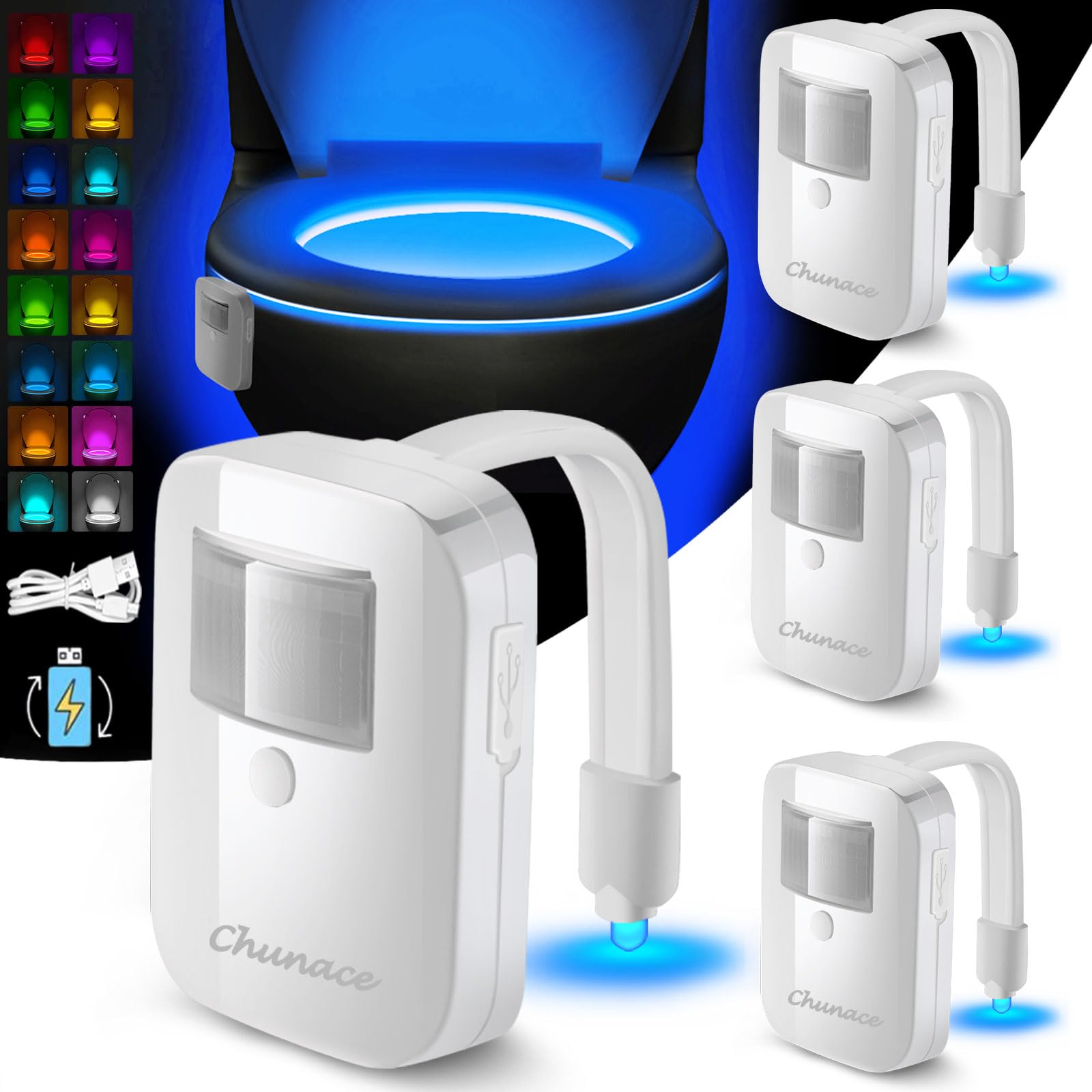 Chunace 4 Pack Rechargeable Motion Sensor Toilet Night Light - 16 Color Changing LED Bowl Light for Bathroom Decor | Waterproof & Auto On/Off | Perfect Gift for Men, Women & Kids (2025) | Ideal for Nighttime Bathroom Visits & Home Decor