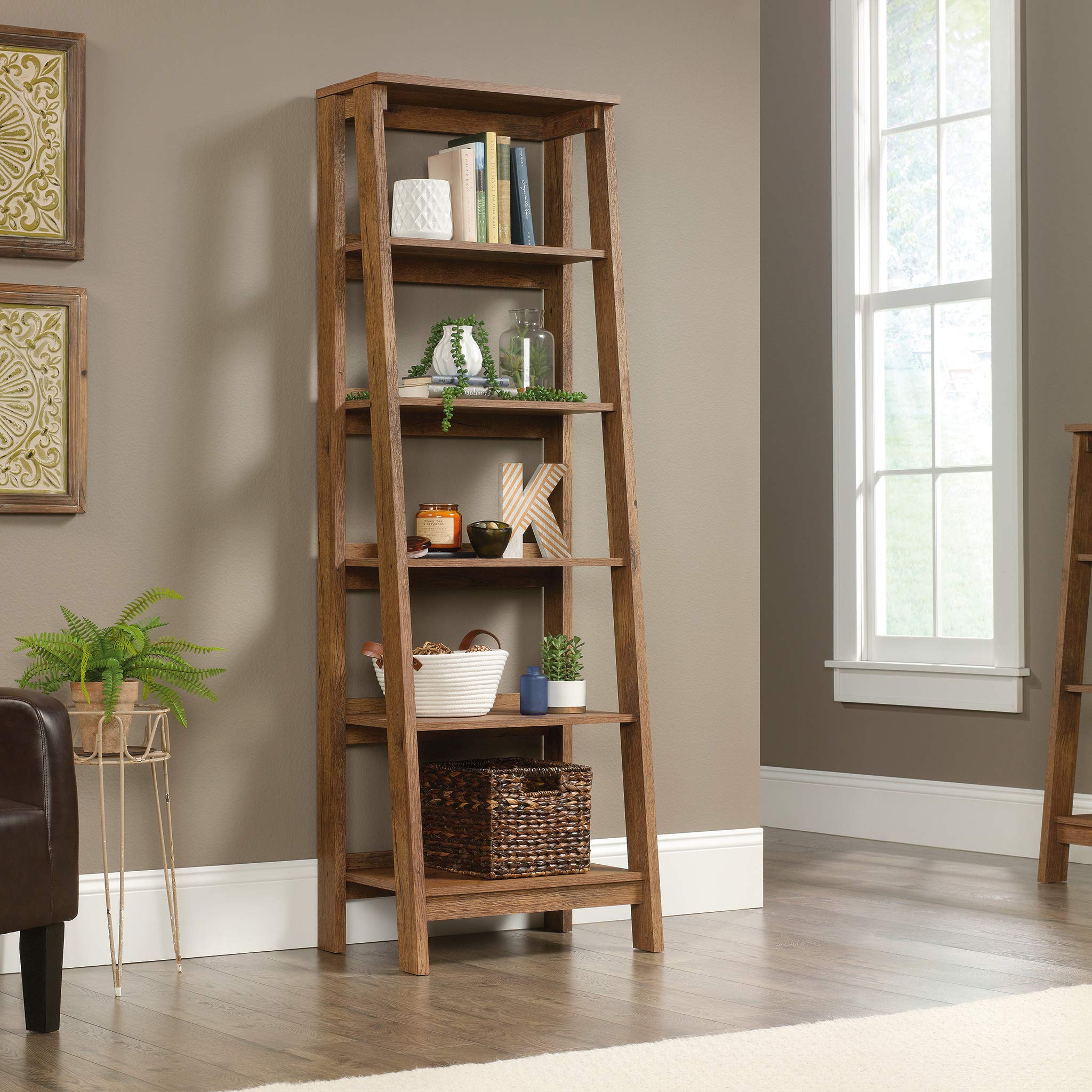 Sauder Trestle 5-Shelf Bookcase - Vintage Oak Finish Wooden Bookshelf for Home Office, Living Room & Bedroom Storage & Organization